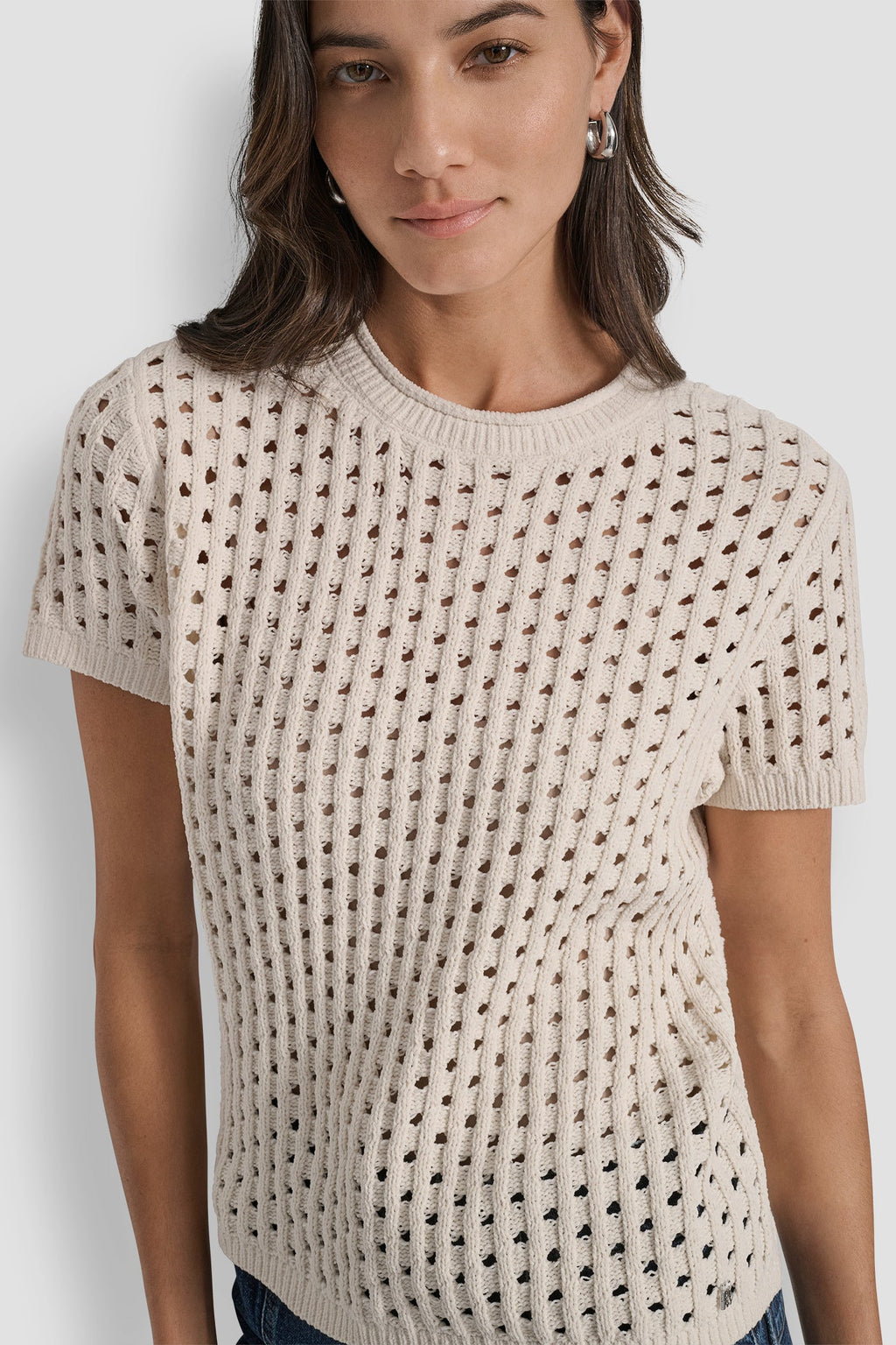 OPEN STITCH CREW NECK SHORT SLEEVE SWEATER