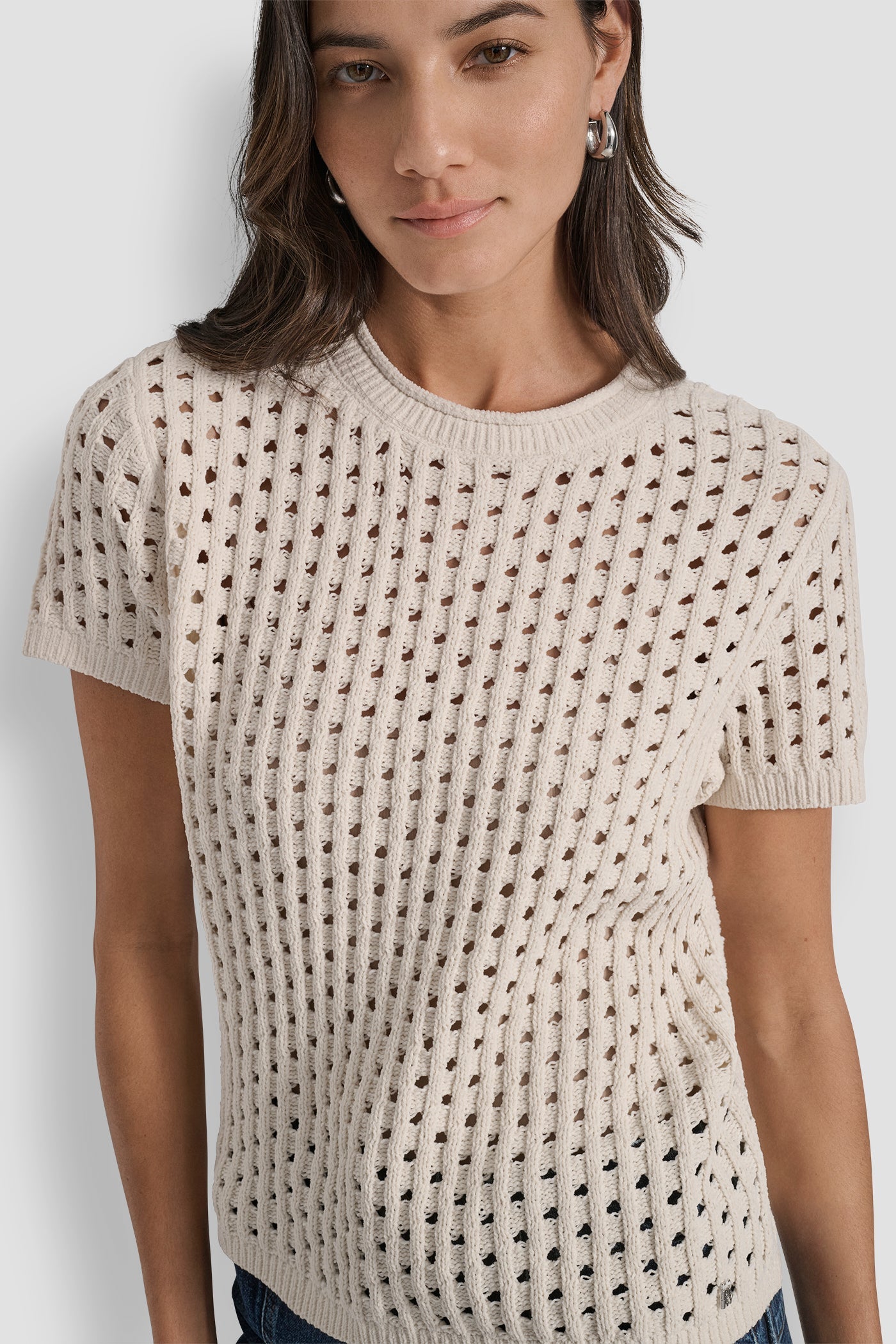 OPEN STITCH CREW NECK SHORT SLEEVE SWEATER