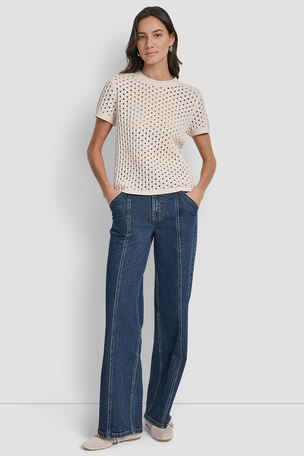 OPEN STITCH CREW NECK SHORT SLEEVE SWEATER