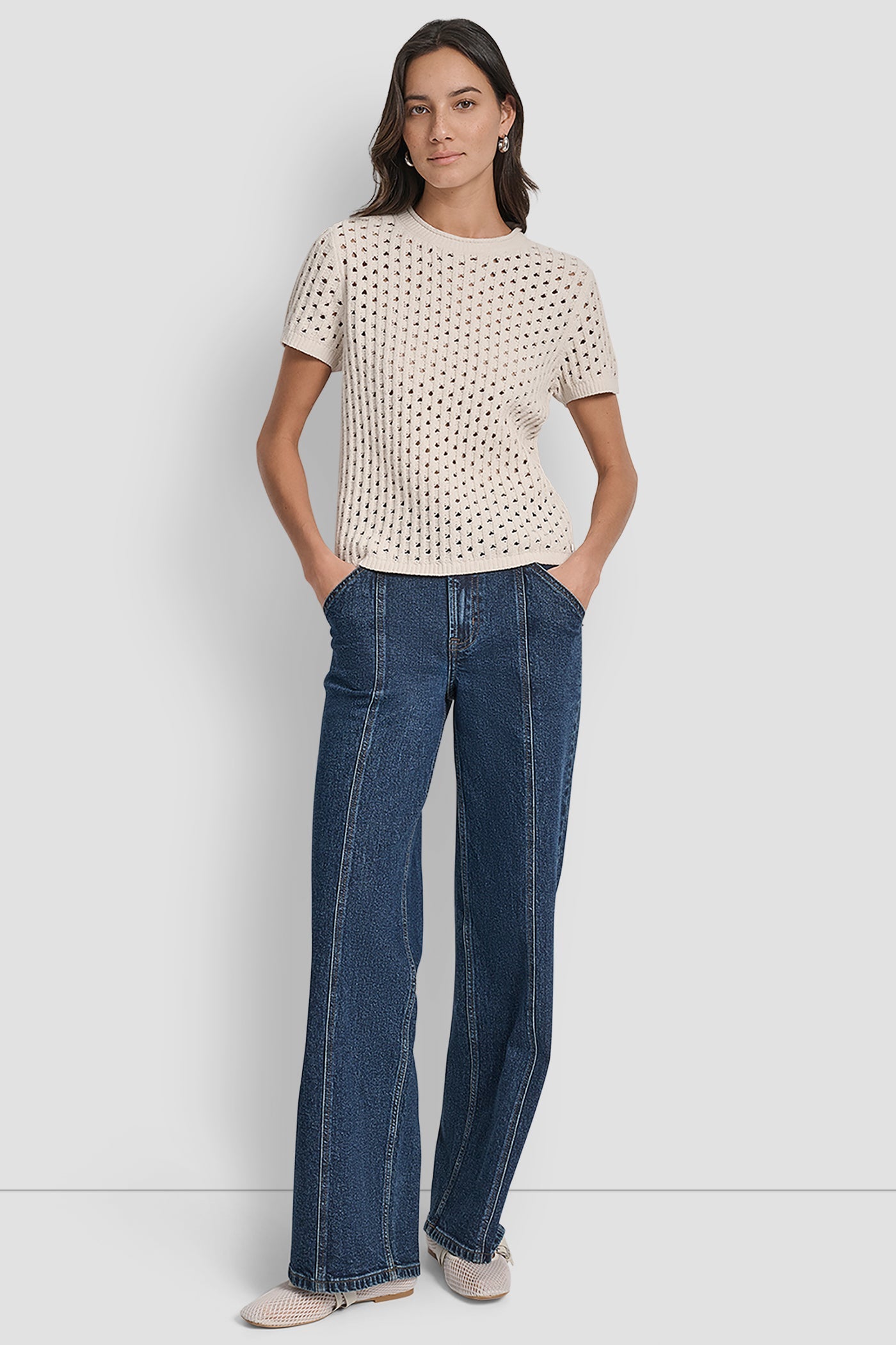 OPEN STITCH CREW NECK SHORT SLEEVE SWEATER