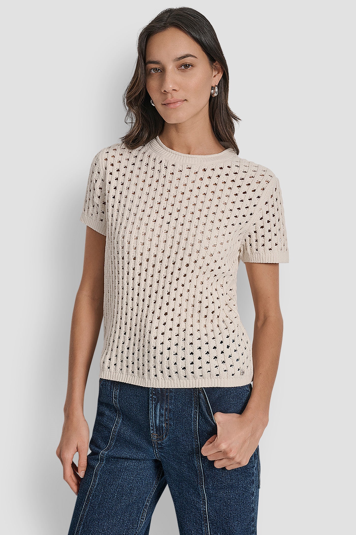 OPEN STITCH CREW NECK SHORT SLEEVE SWEATER