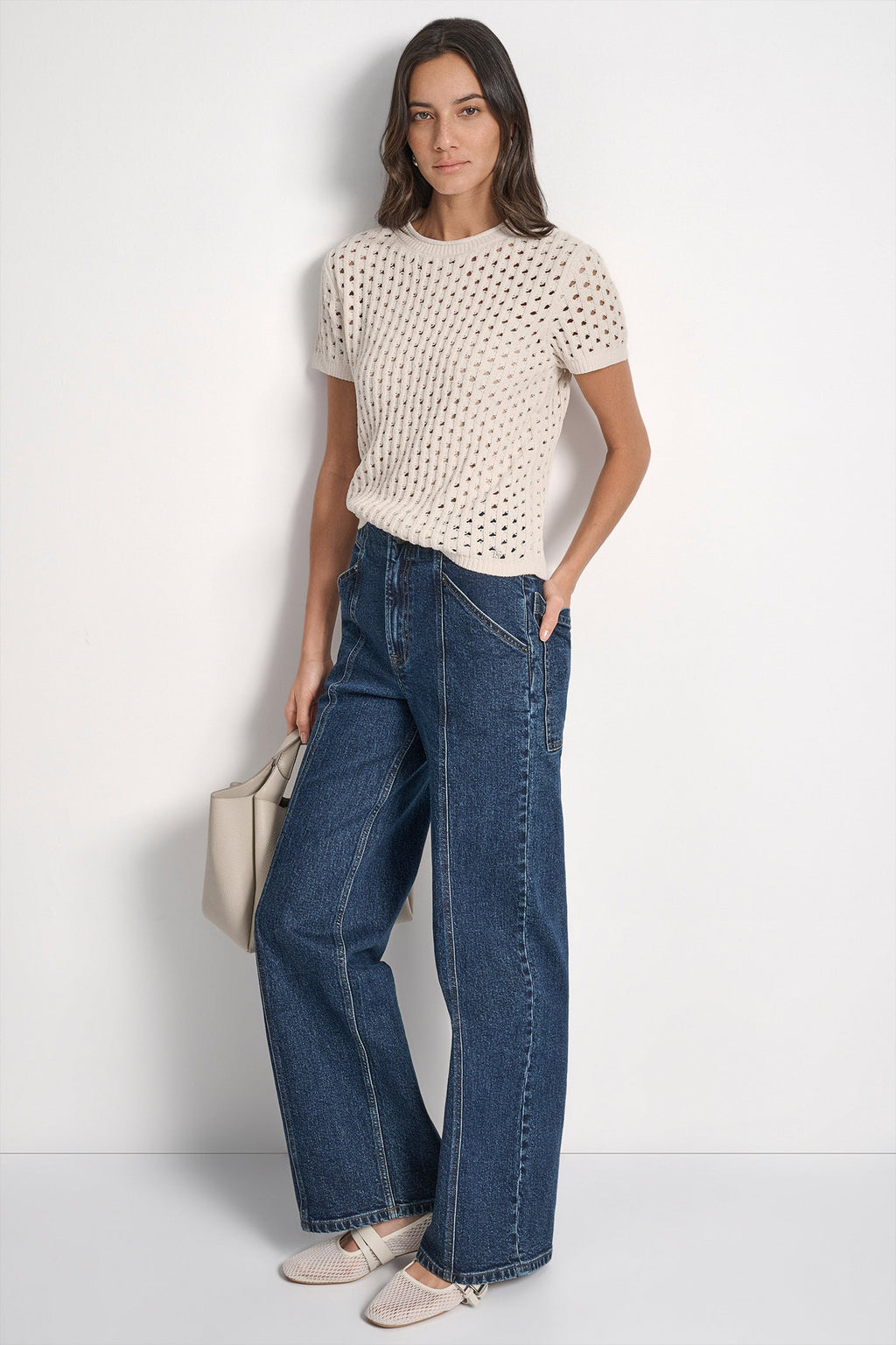 OPEN STITCH CREW NECK SHORT SLEEVE SWEATER