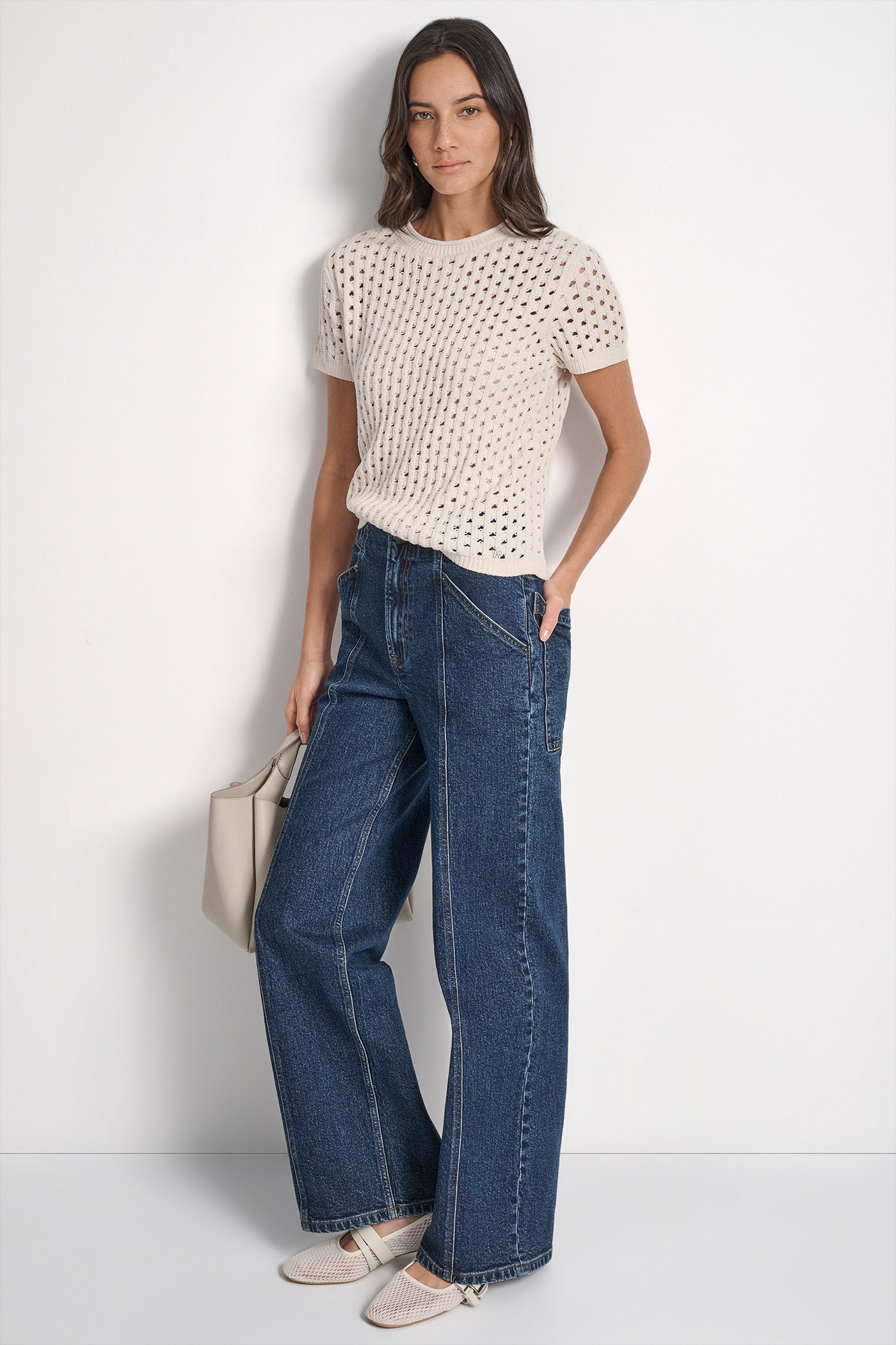 OPEN STITCH CREW NECK SHORT SLEEVE SWEATER