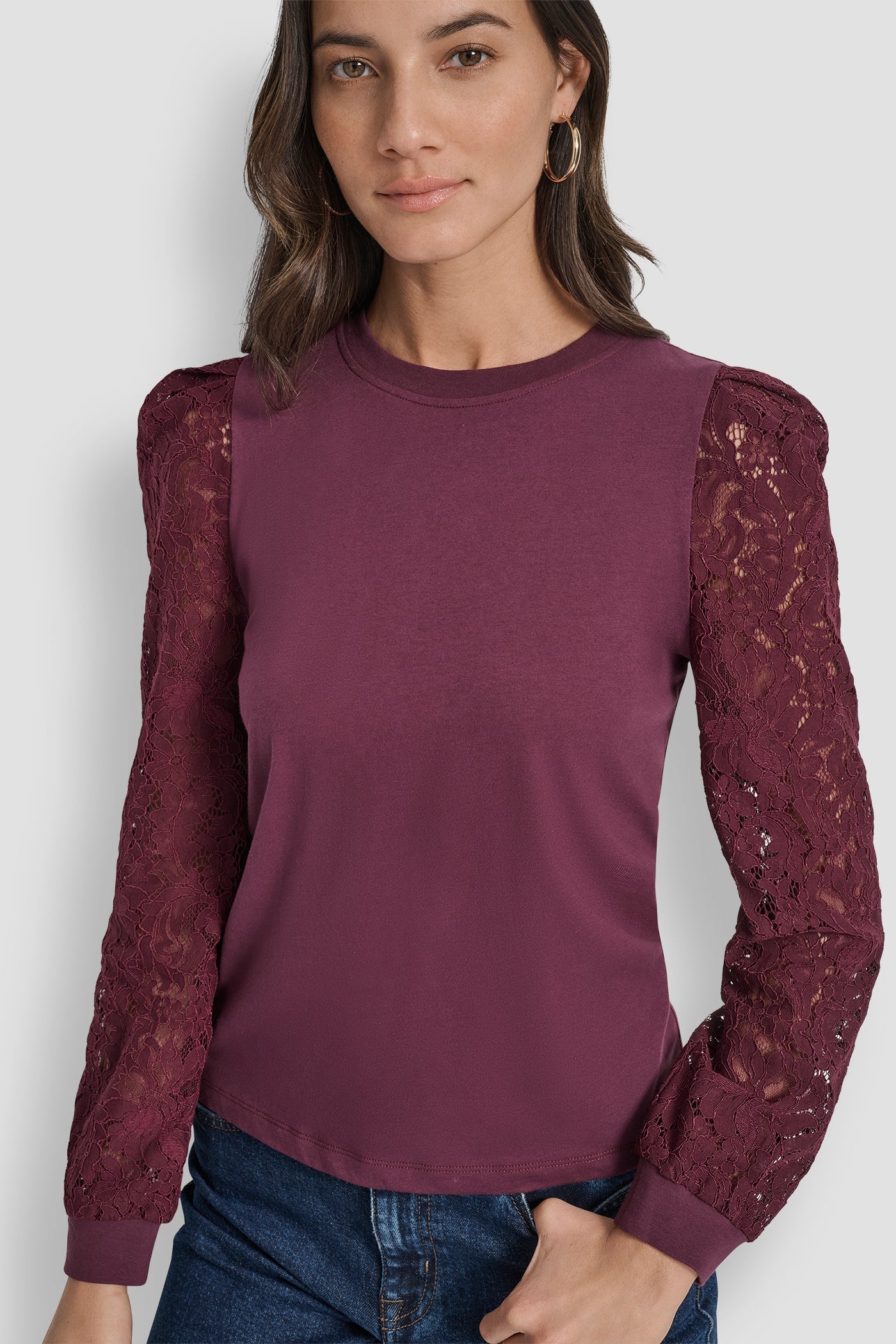 LACE PUFF LONG SLEEVE CREW NECK TEE