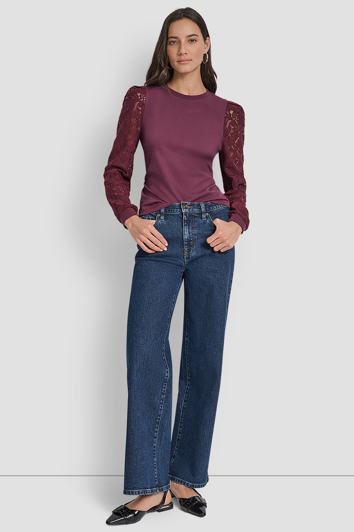 LACE PUFF LONG SLEEVE CREW NECK TEE