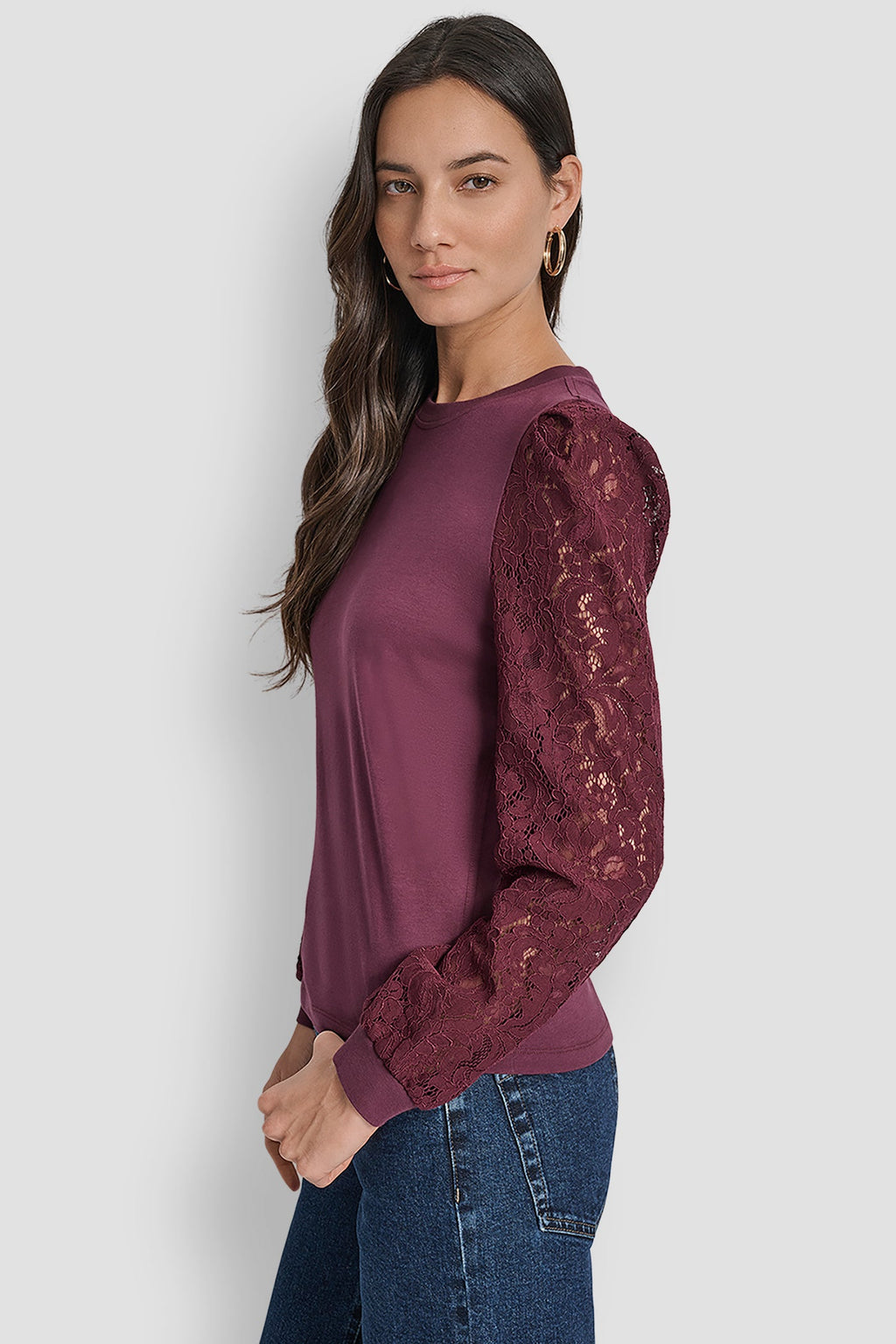 LACE PUFF LONG SLEEVE CREW NECK TEE