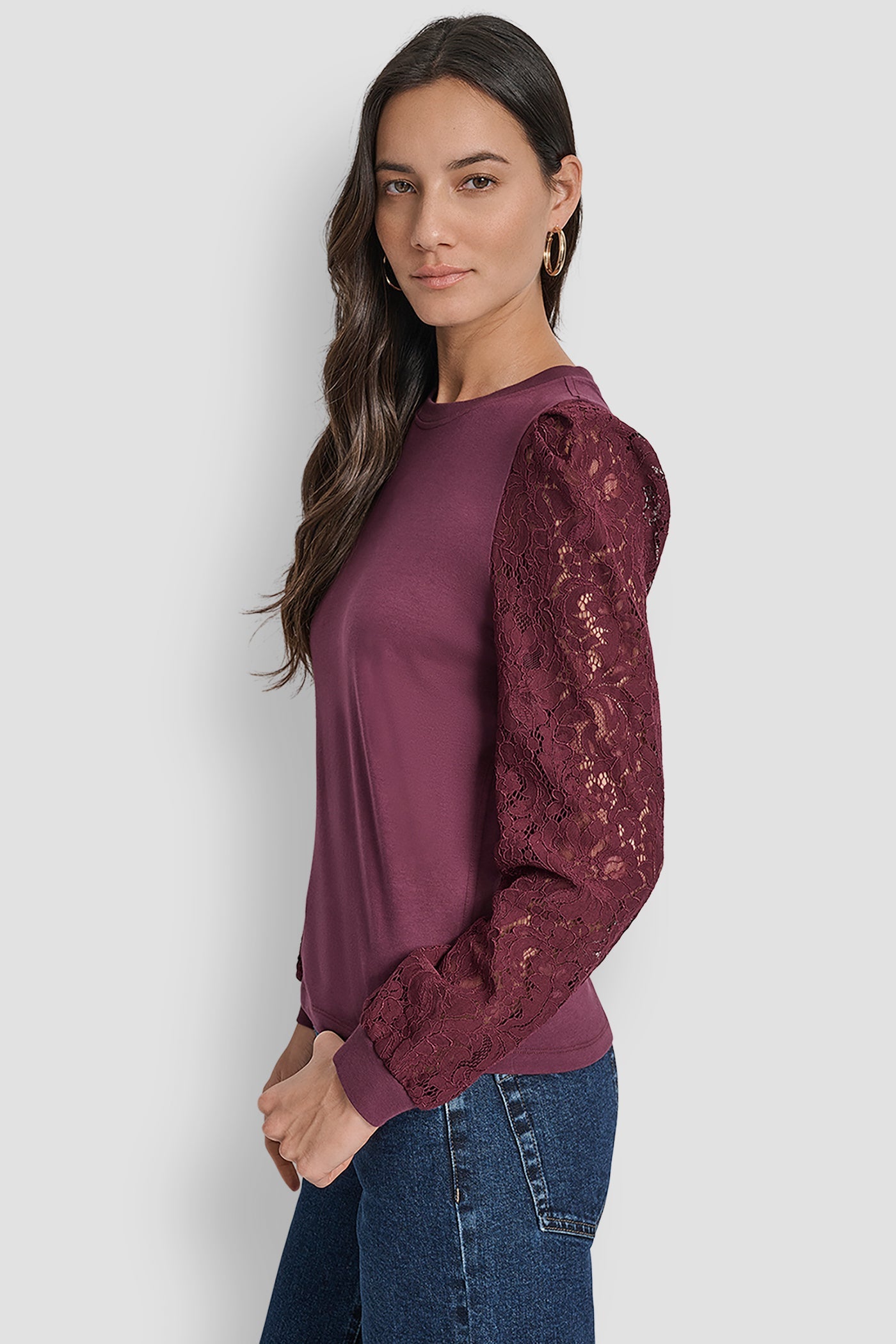 LACE PUFF LONG SLEEVE CREW NECK TEE