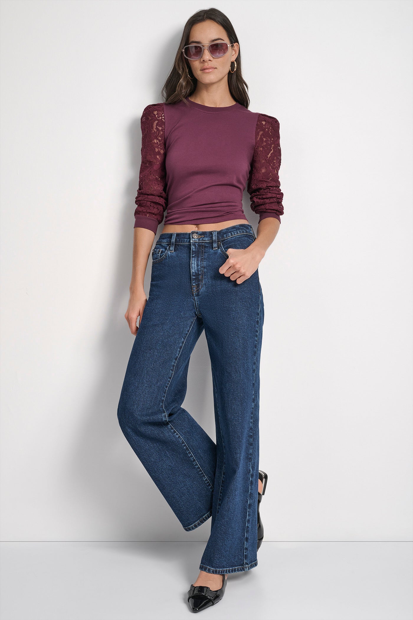 LACE PUFF LONG SLEEVE CREW NECK TEE