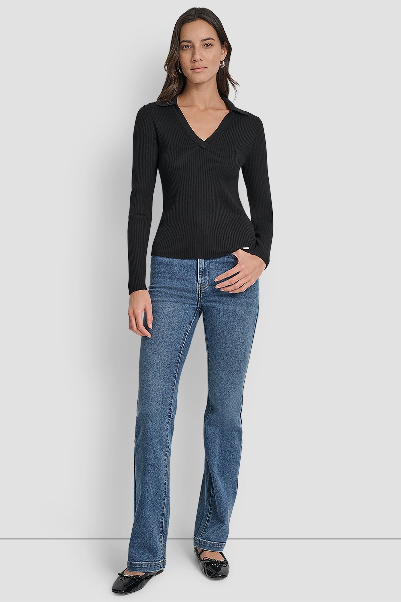 LONG SLEEVE RIB POLO SWEATER