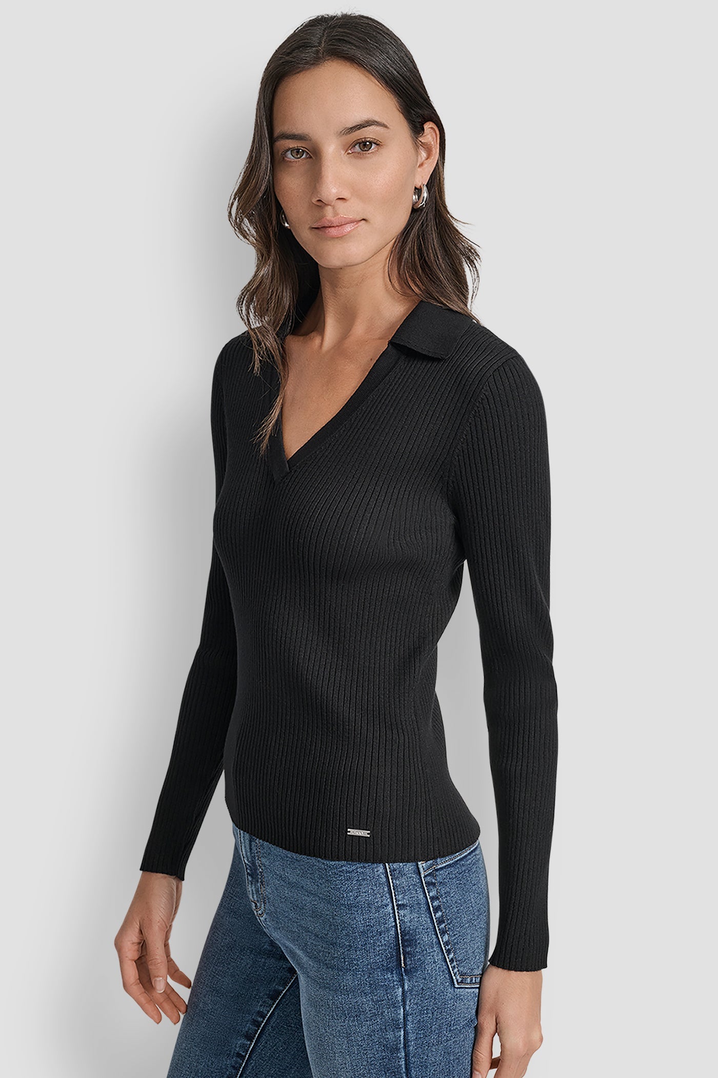 LONG SLEEVE RIB POLO SWEATER