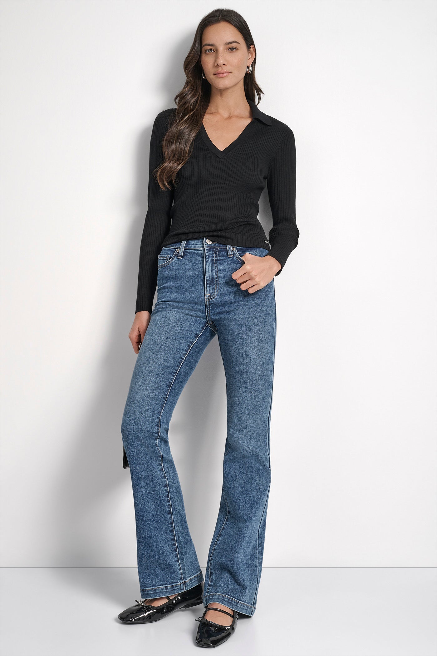LONG SLEEVE RIB POLO SWEATER