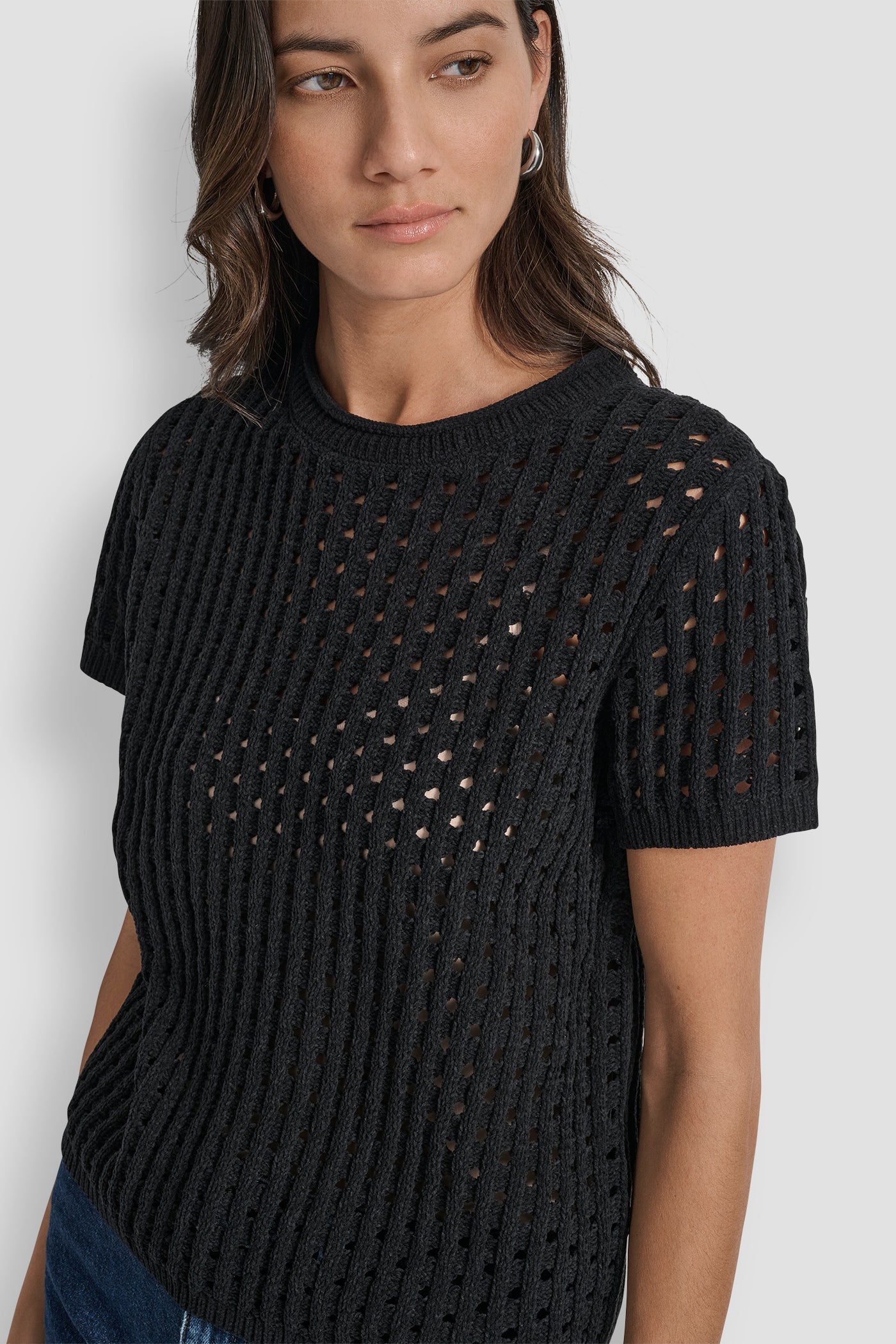 OPEN STITCH CREW NECK SHORT SLEEVE SWEATER