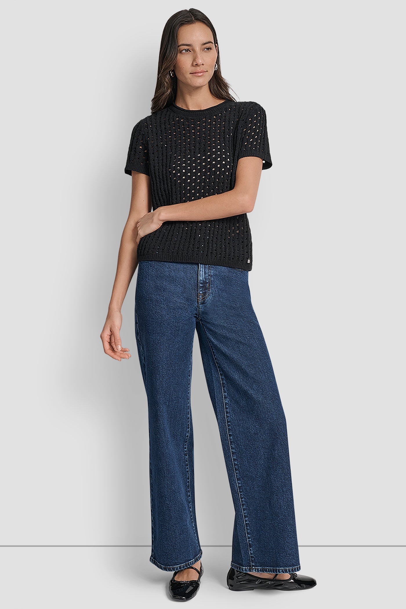 OPEN STITCH CREW NECK SHORT SLEEVE SWEATER