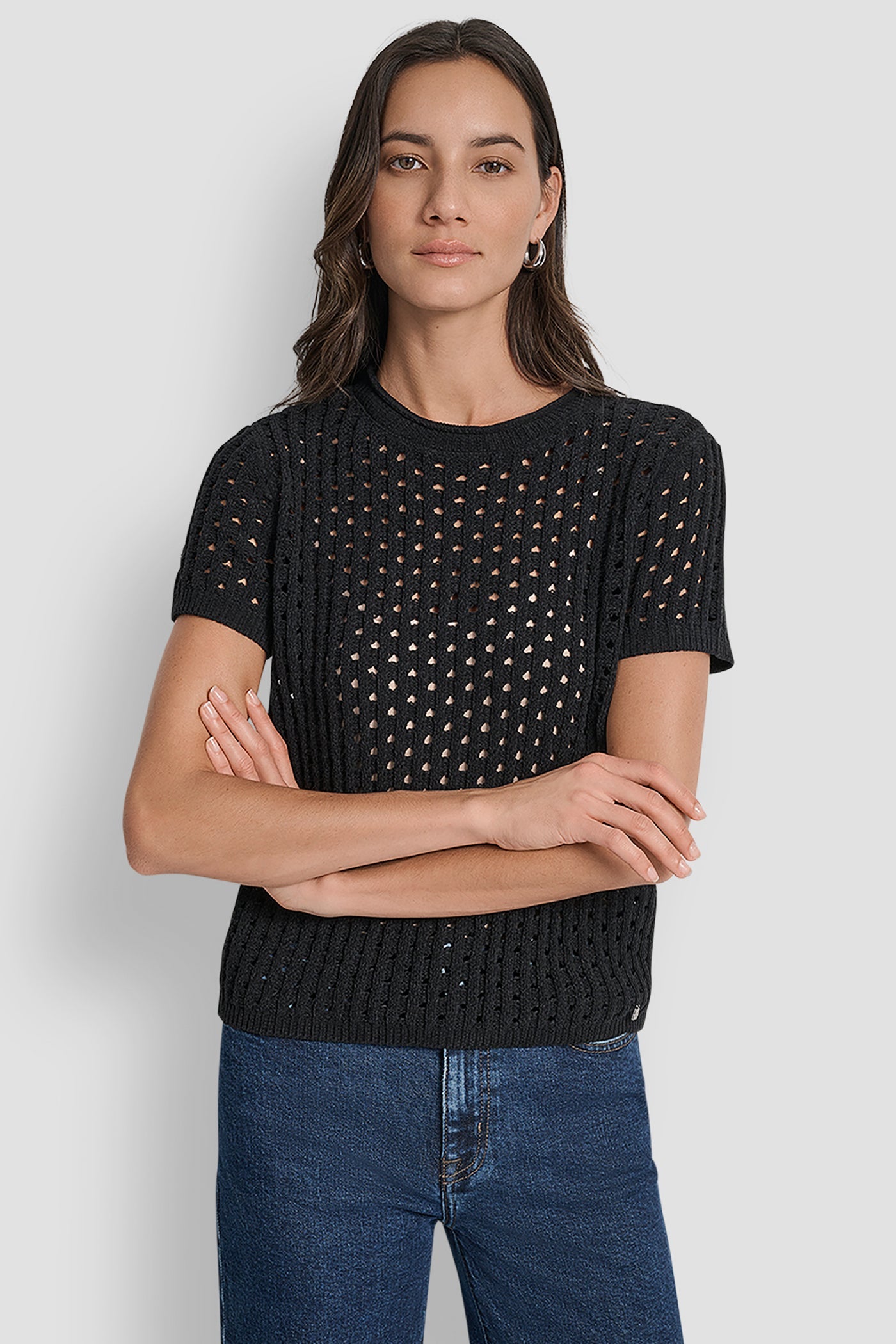OPEN STITCH CREW NECK SHORT SLEEVE SWEATER