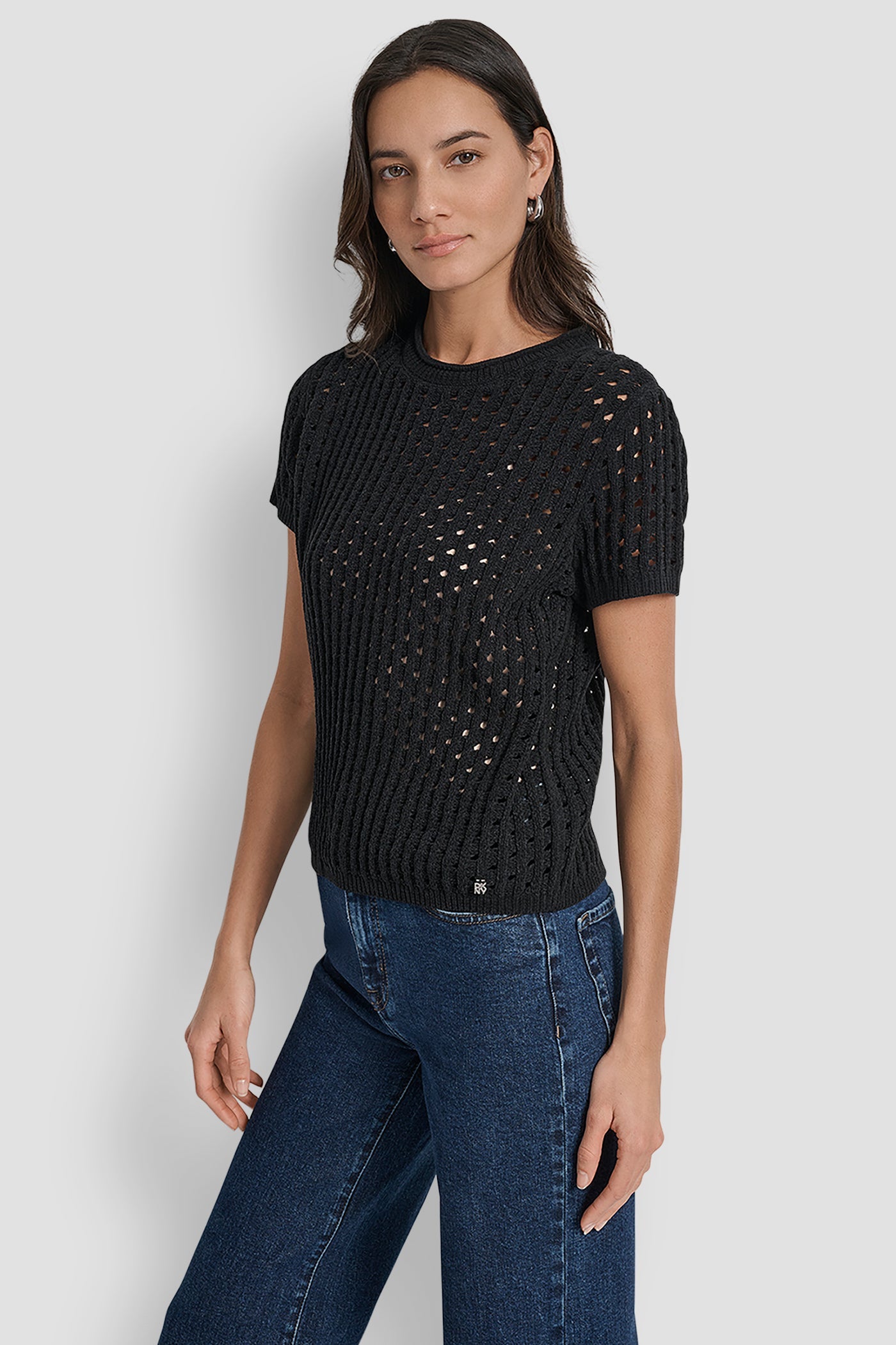 OPEN STITCH CREW NECK SHORT SLEEVE SWEATER
