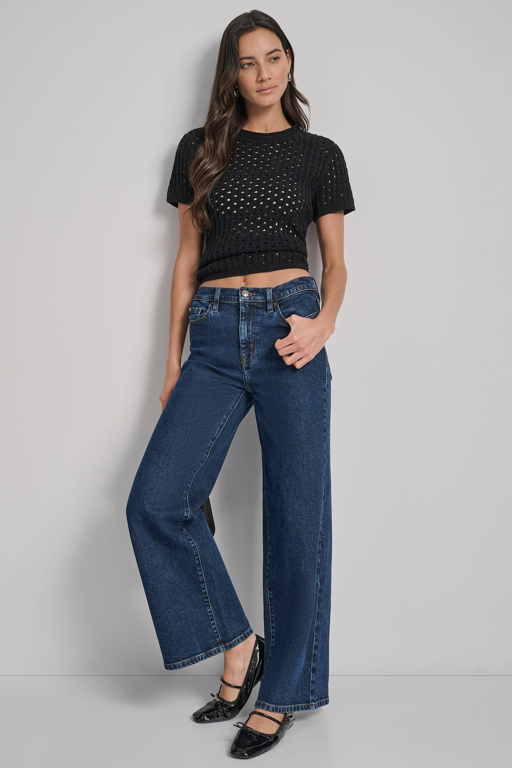 OPEN STITCH CREW NECK SHORT SLEEVE SWEATER