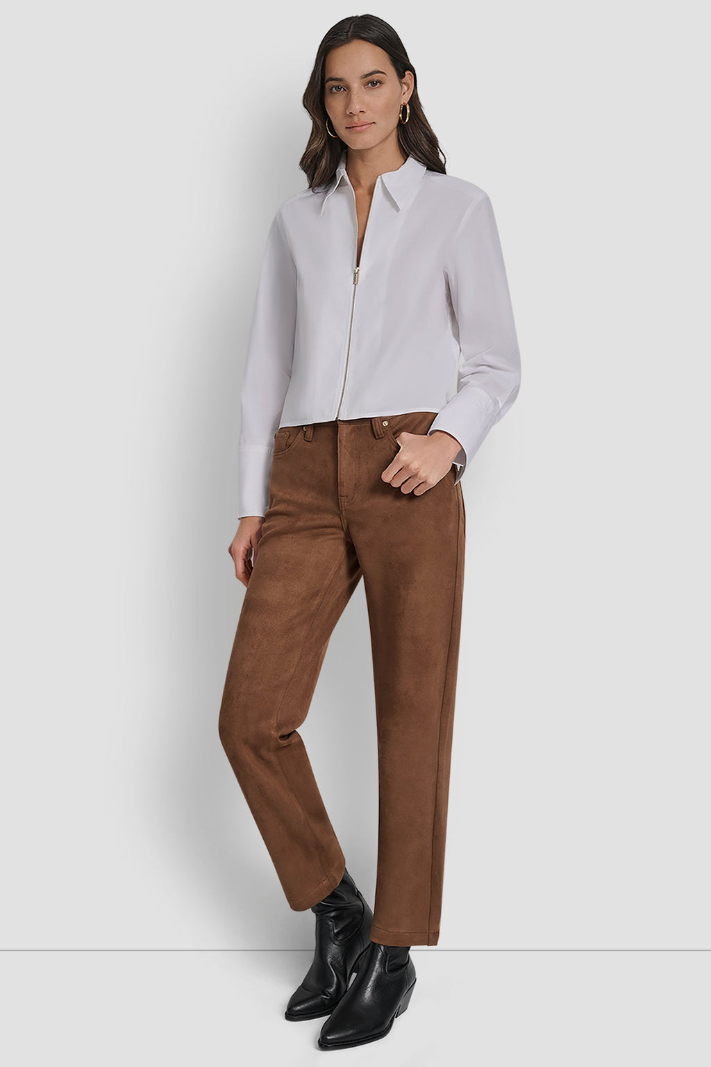 ZIP FRONT FITTED POPLIN LONG SLEEVE SHIRT WITH CHEST