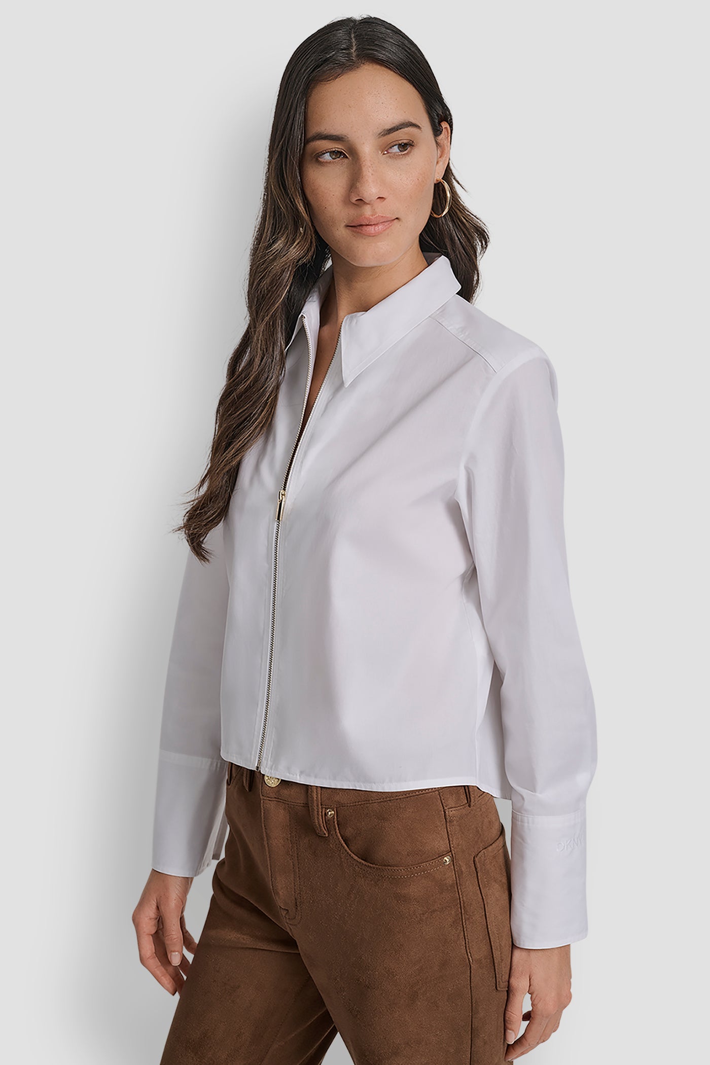 ZIP FRONT FITTED POPLIN LONG SLEEVE SHIRT WITH CHEST