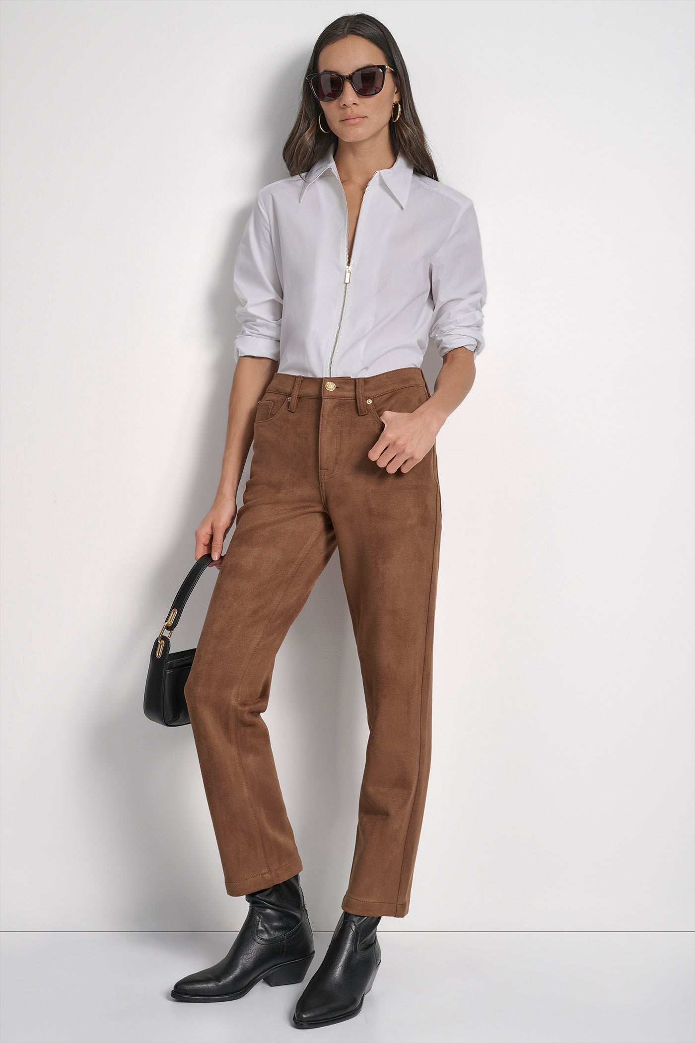 ZIP FRONT FITTED POPLIN LONG SLEEVE SHIRT WITH CHEST