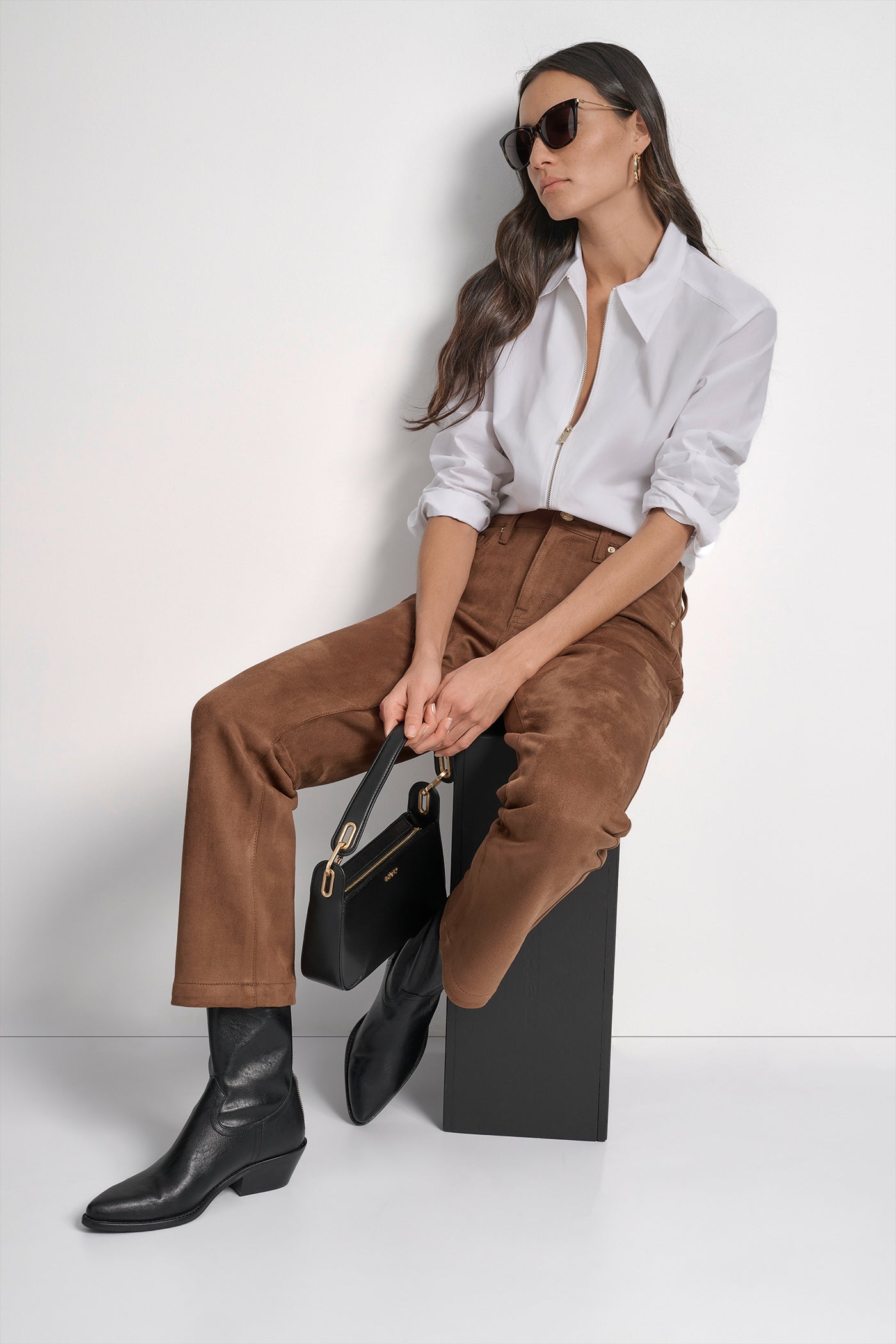 ZIP FRONT FITTED POPLIN LONG SLEEVE SHIRT WITH CHEST