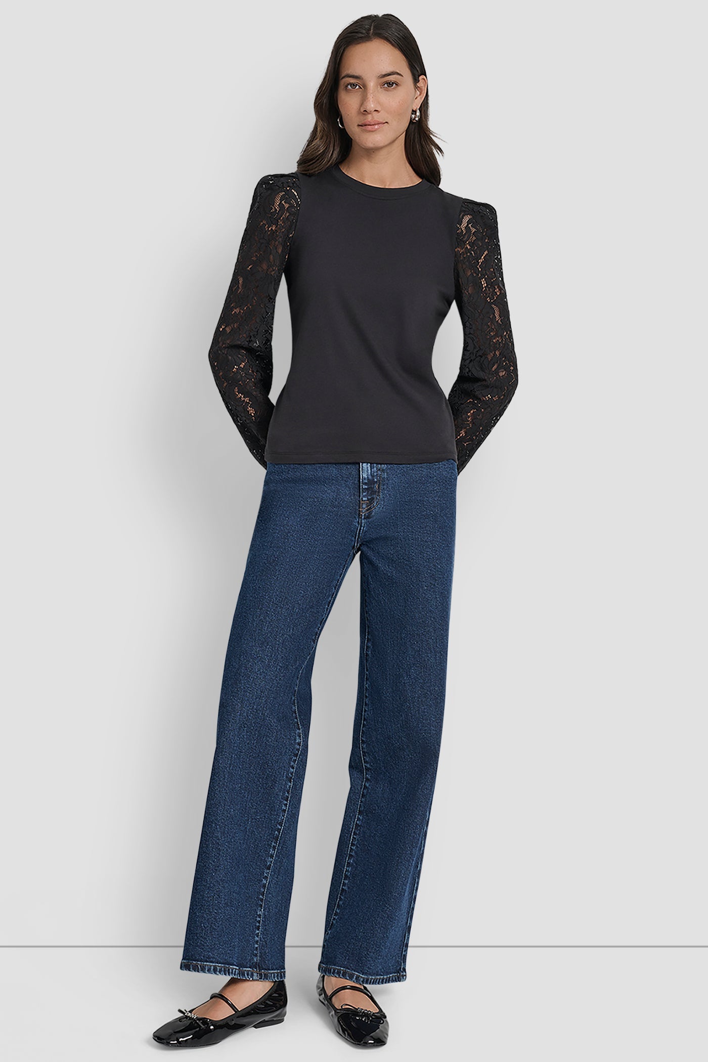 LACE PUFF LONG SLEEVE CREW NECK TEE