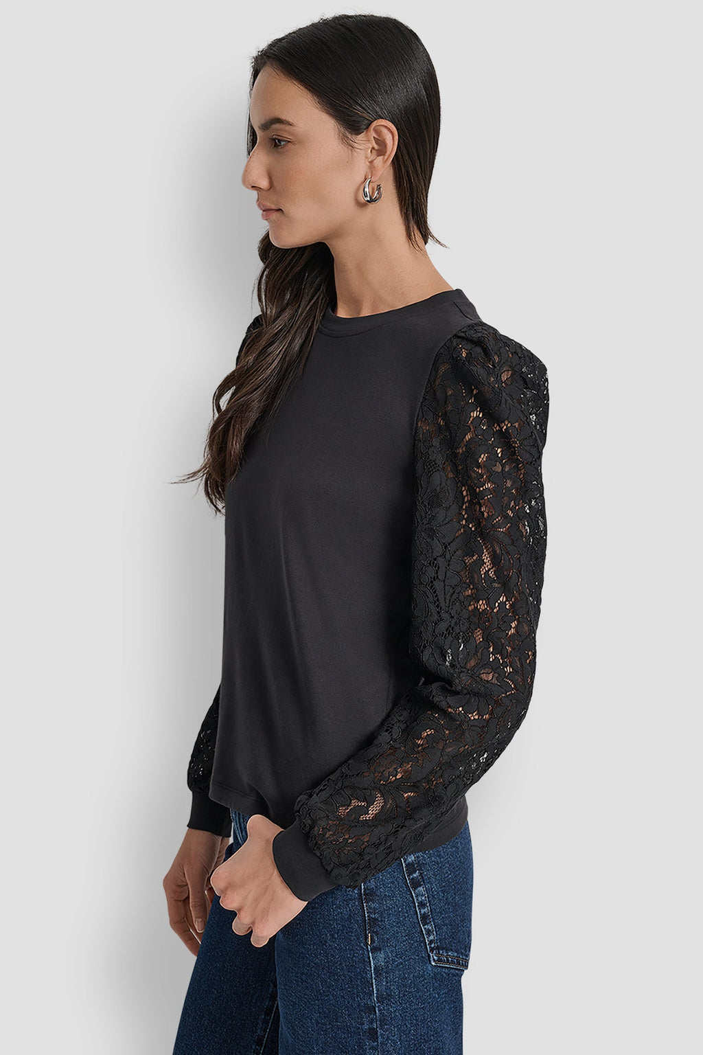 LACE PUFF LONG SLEEVE CREW NECK TEE