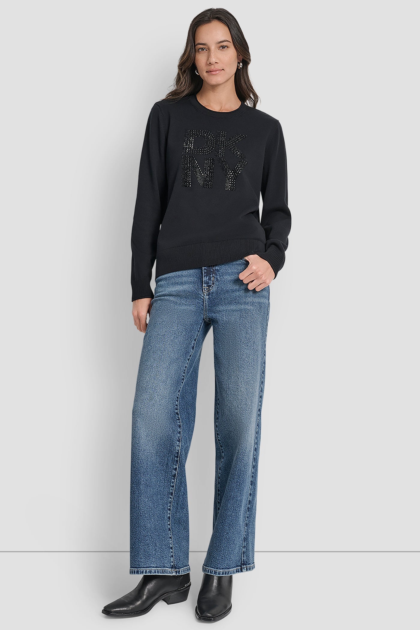 DKNY STACKED RHINESTONE LOGO LONG SLEEVE CREW NECK