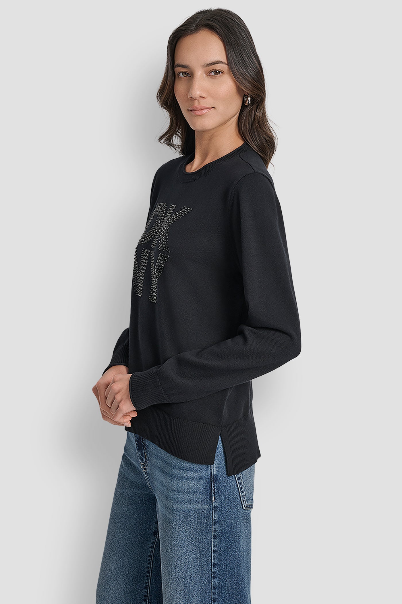 DKNY STACKED RHINESTONE LOGO LONG SLEEVE CREW NECK