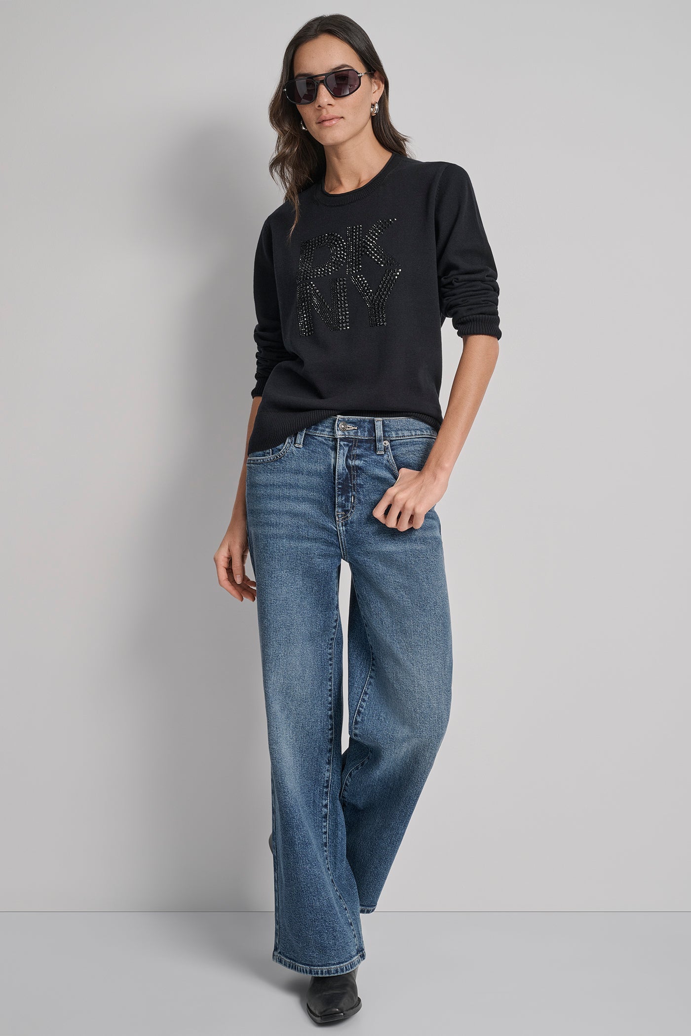 DKNY STACKED RHINESTONE LOGO LONG SLEEVE CREW NECK