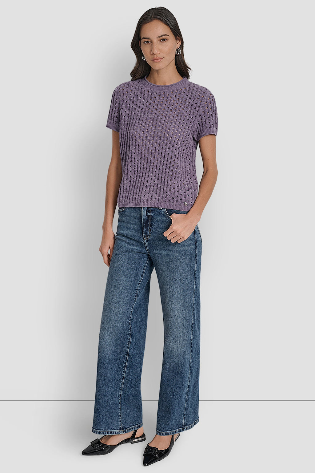 OPEN STITCH CREW NECK SHORT SLEEVE SWEATER