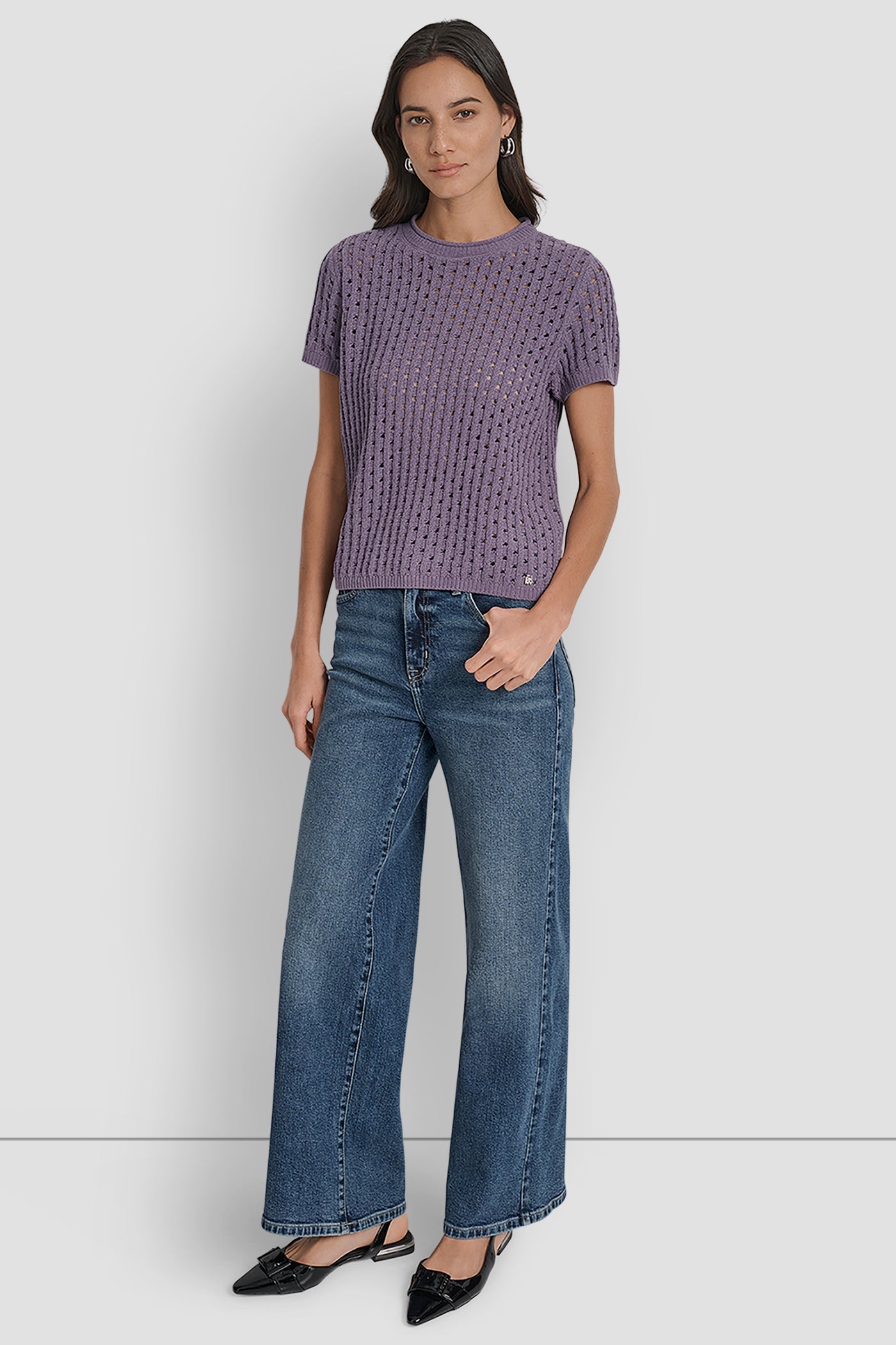 OPEN STITCH CREW NECK SHORT SLEEVE SWEATER