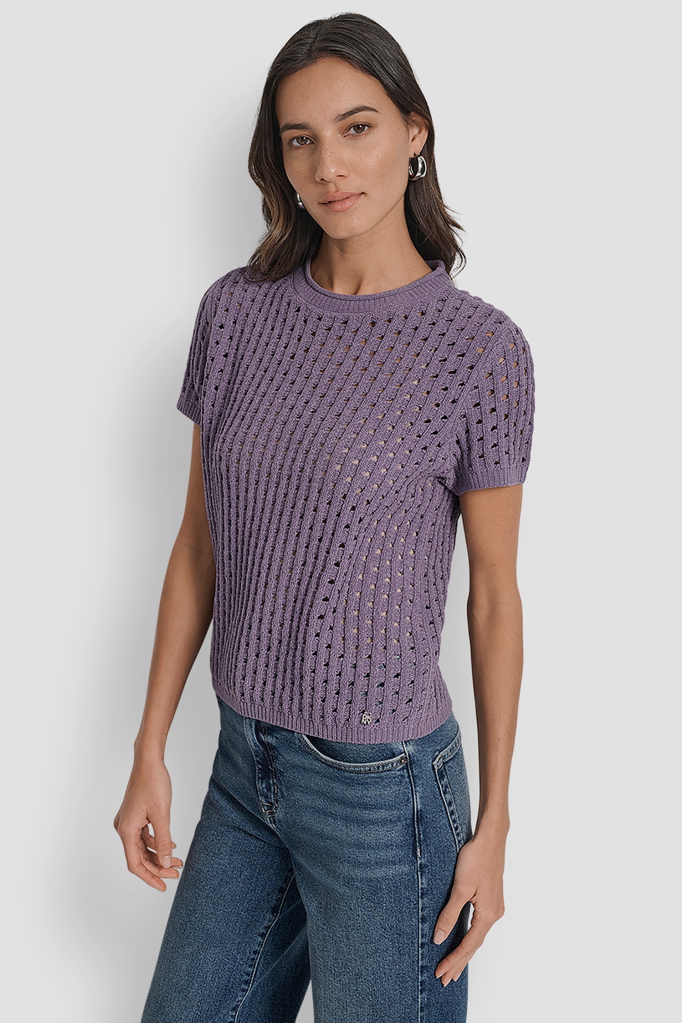 OPEN STITCH CREW NECK SHORT SLEEVE SWEATER