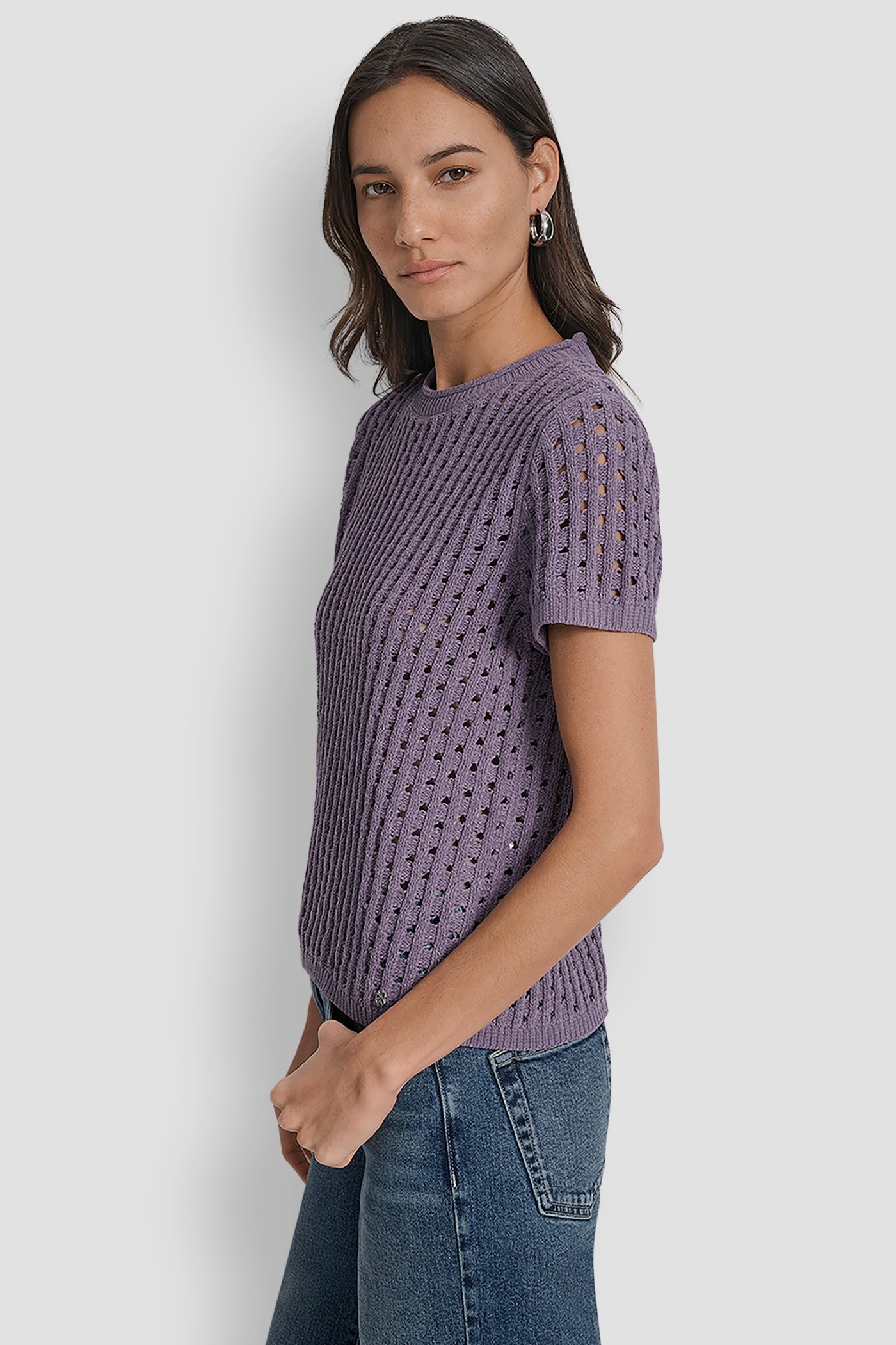 OPEN STITCH CREW NECK SHORT SLEEVE SWEATER