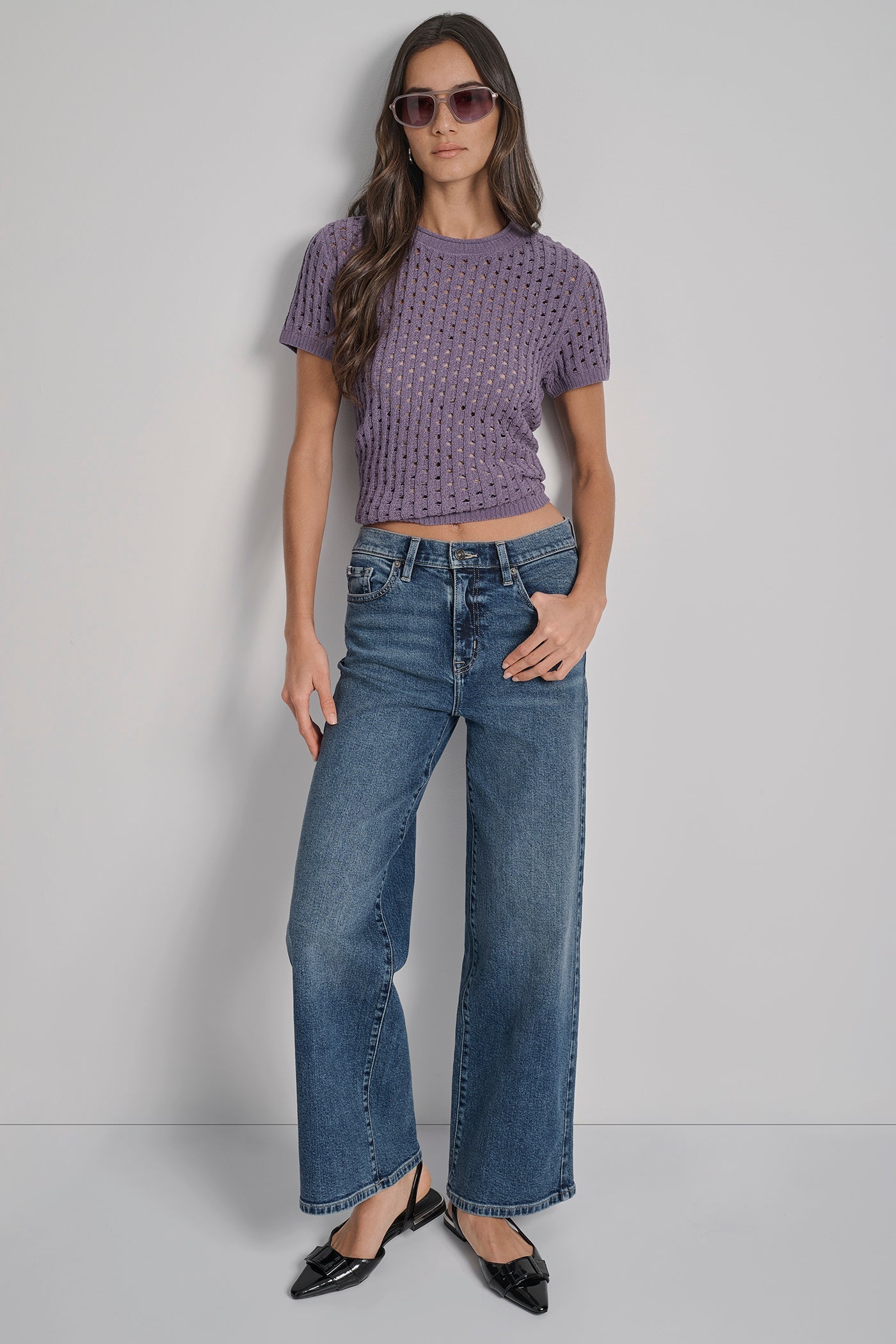 OPEN STITCH CREW NECK SHORT SLEEVE SWEATER