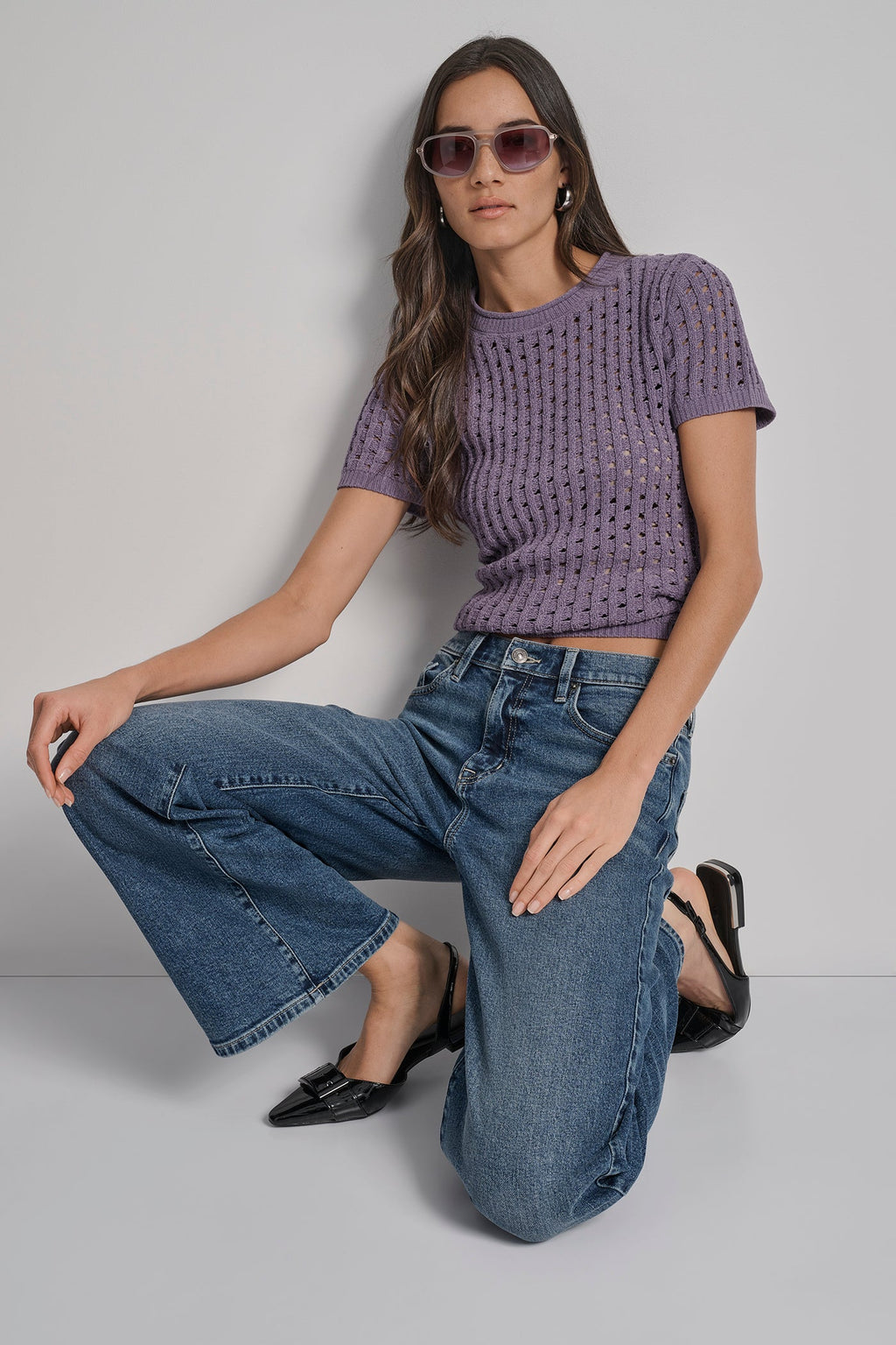 OPEN STITCH CREW NECK SHORT SLEEVE SWEATER