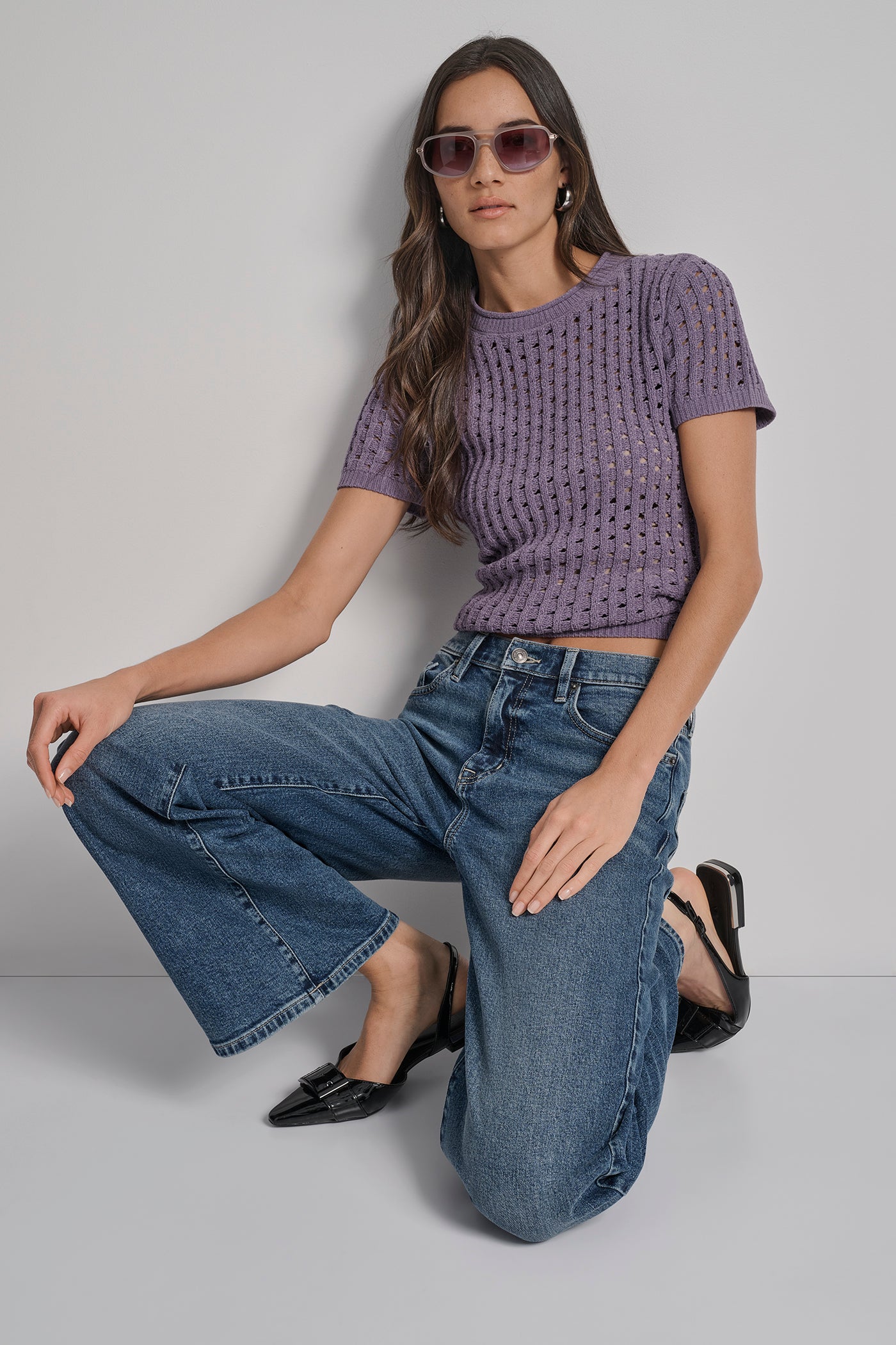 OPEN STITCH CREW NECK SHORT SLEEVE SWEATER