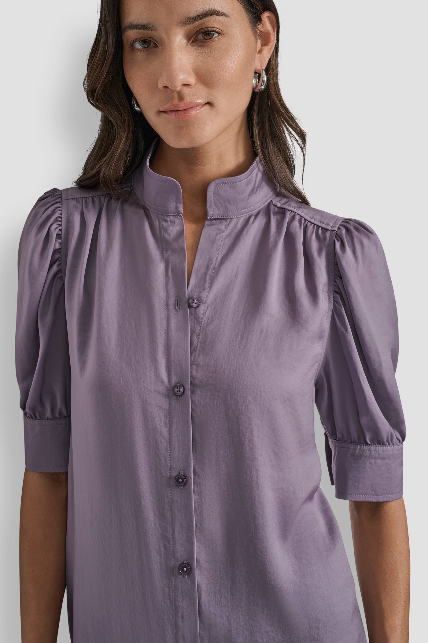 PUFF SLEEVE COLLARLESS SHIRT