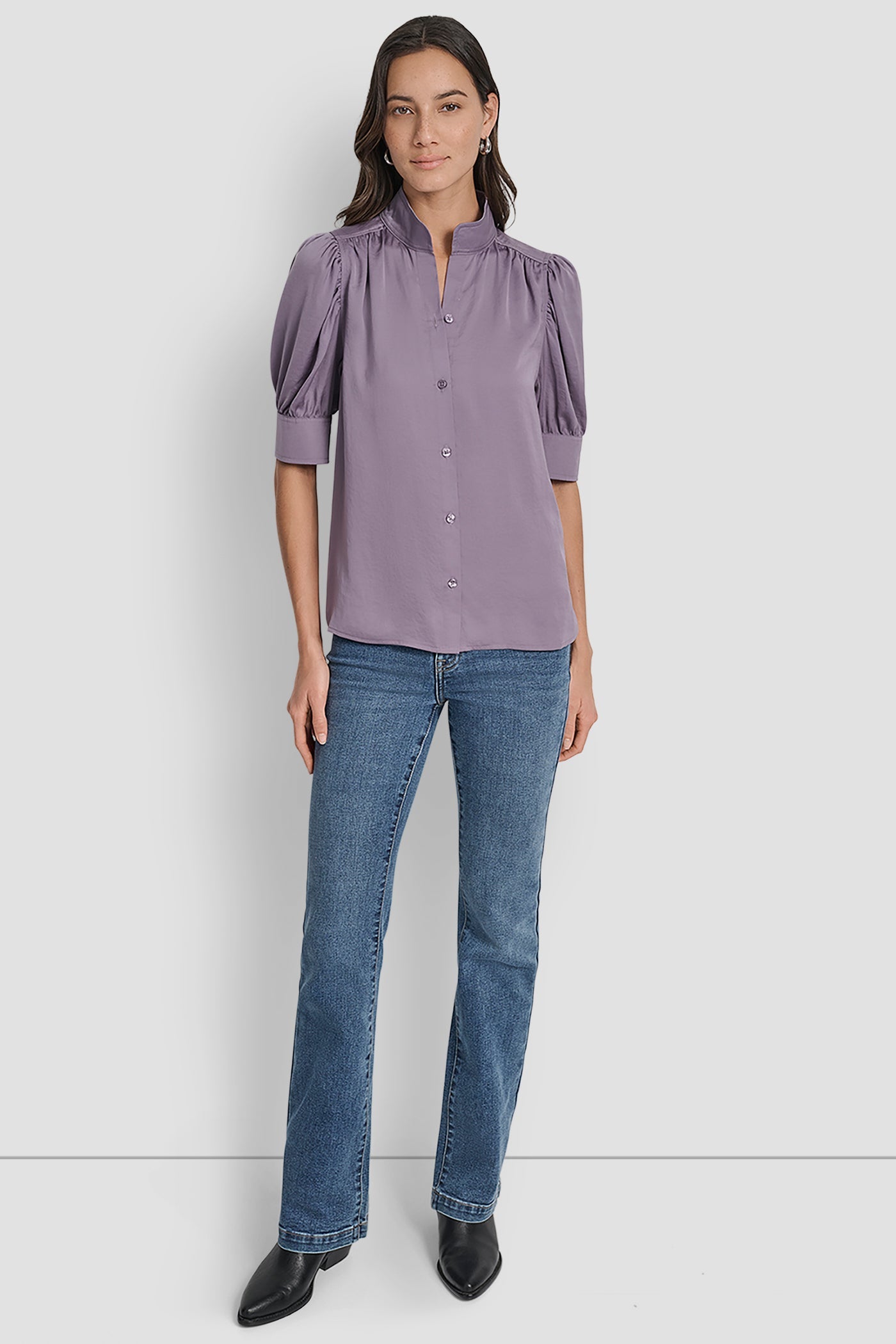 PUFF SLEEVE COLLARLESS SHIRT