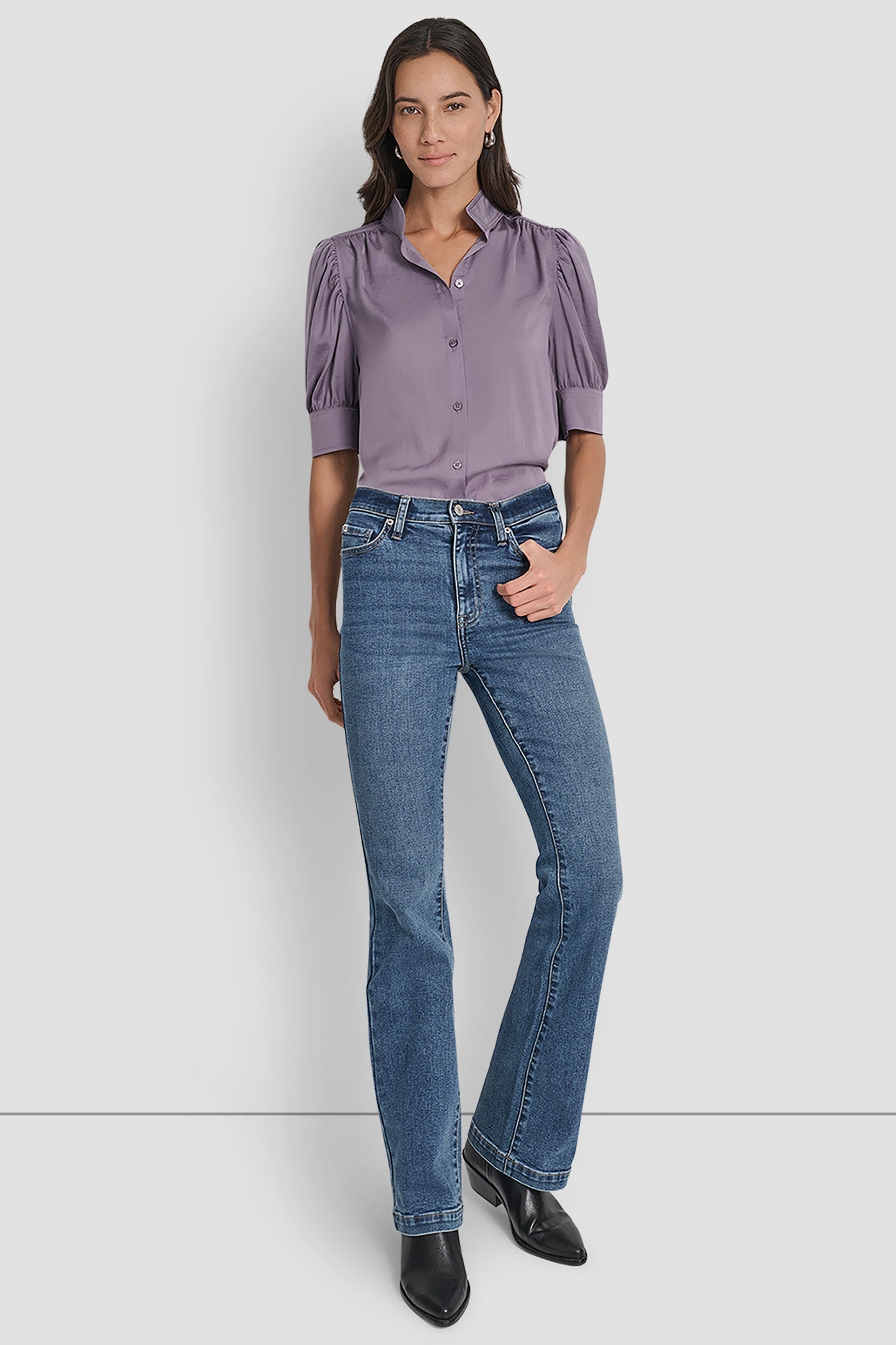 PUFF SLEEVE COLLARLESS SHIRT