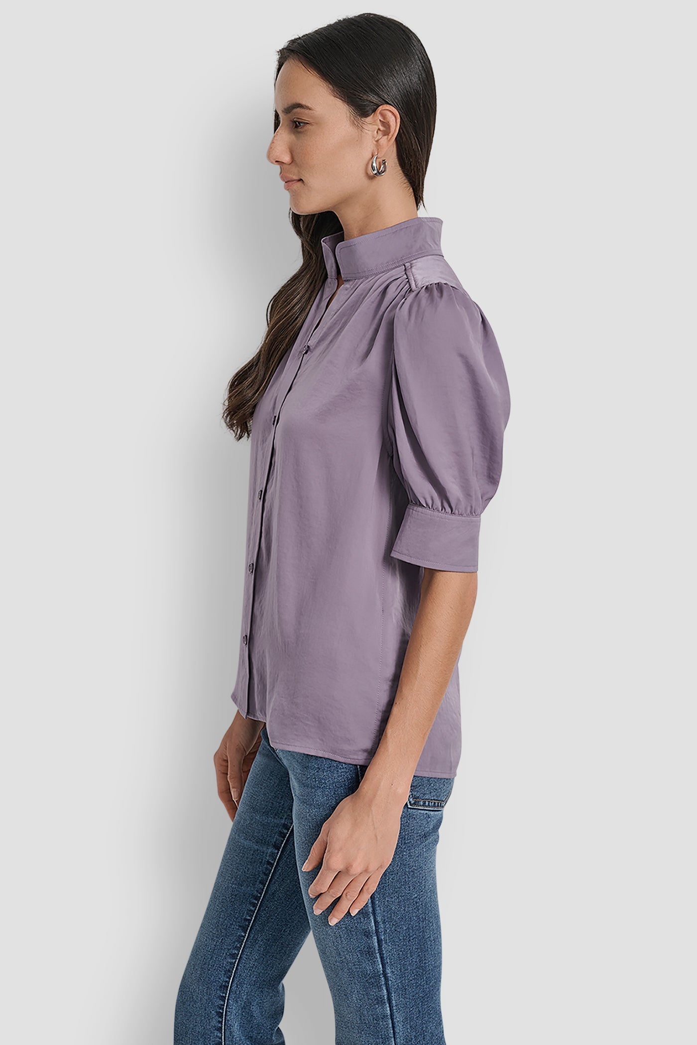 PUFF SLEEVE COLLARLESS SHIRT