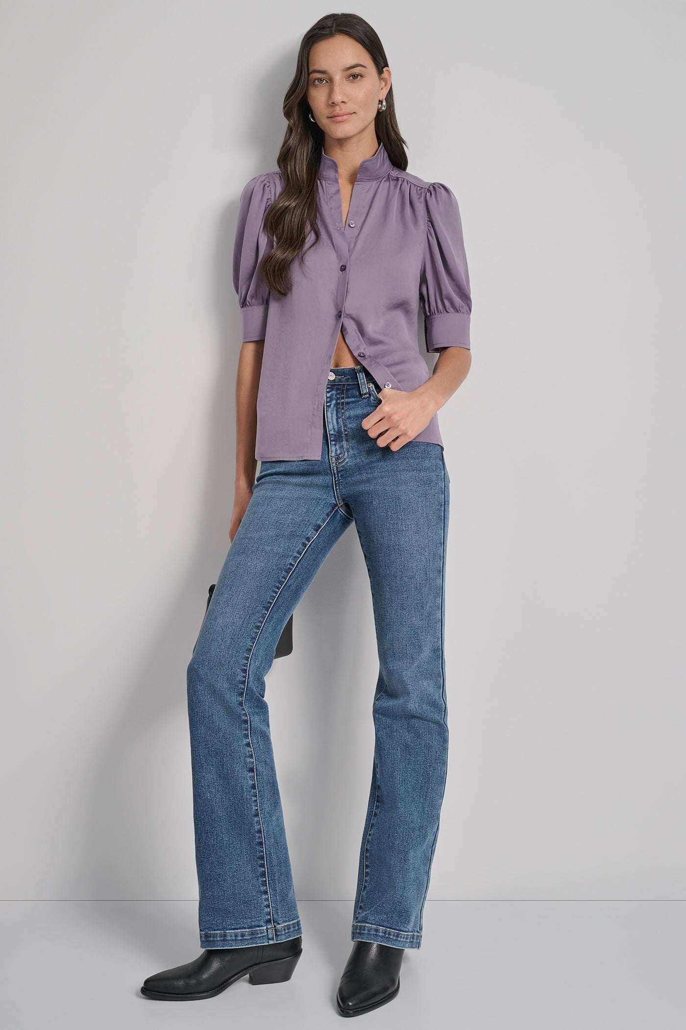 PUFF SLEEVE COLLARLESS SHIRT