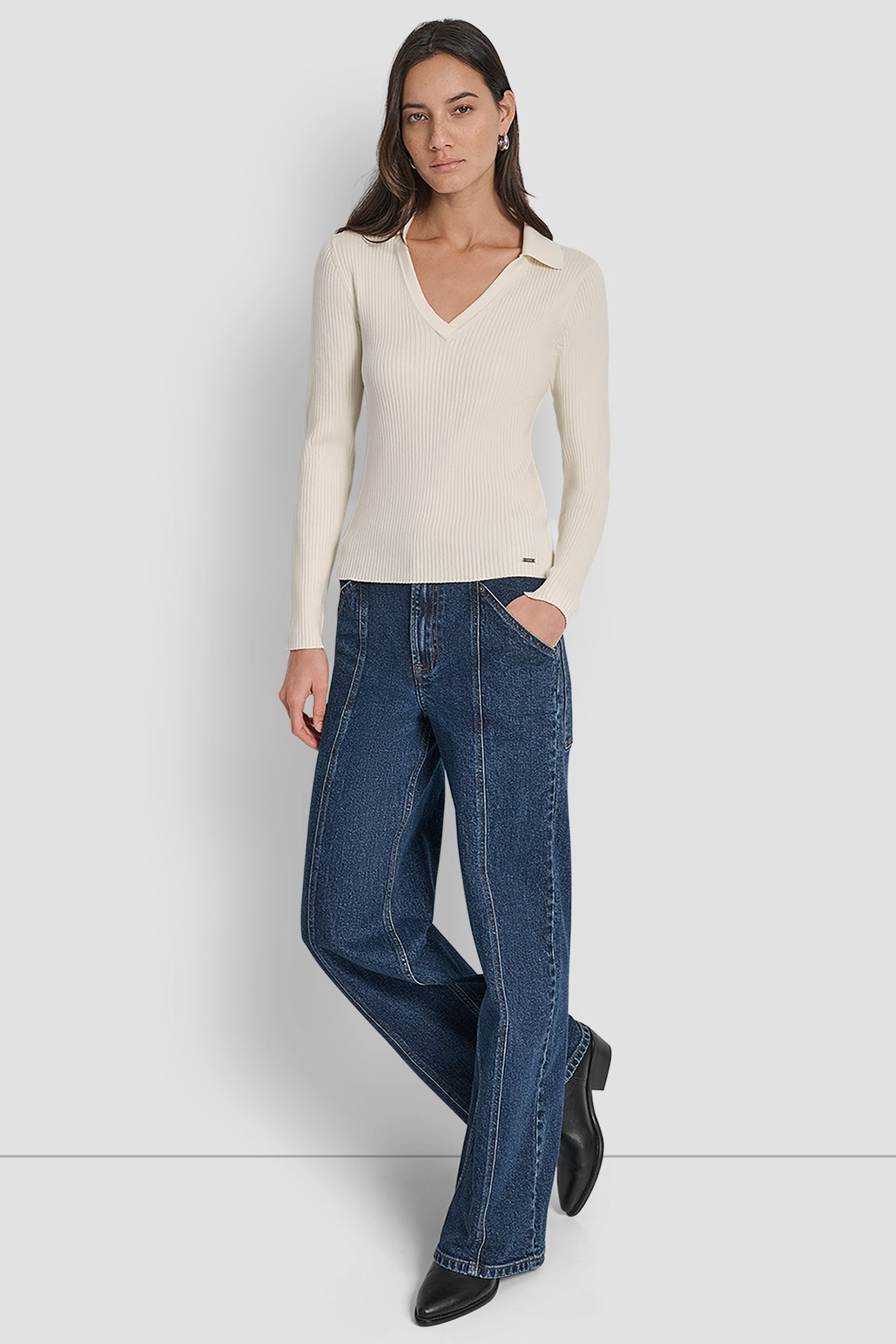 LONG SLEEVE RIB POLO SWEATER