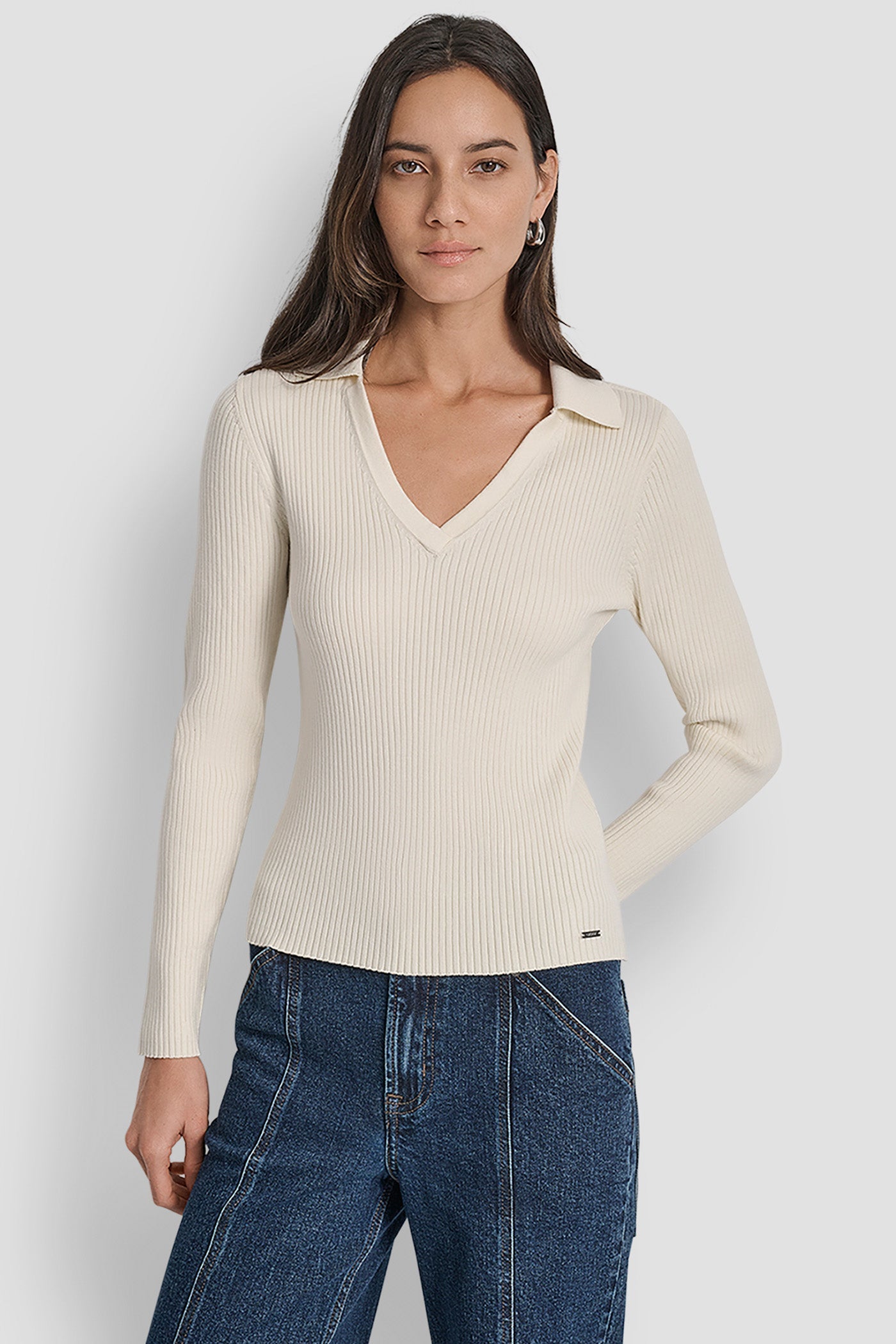 LONG SLEEVE RIB POLO SWEATER