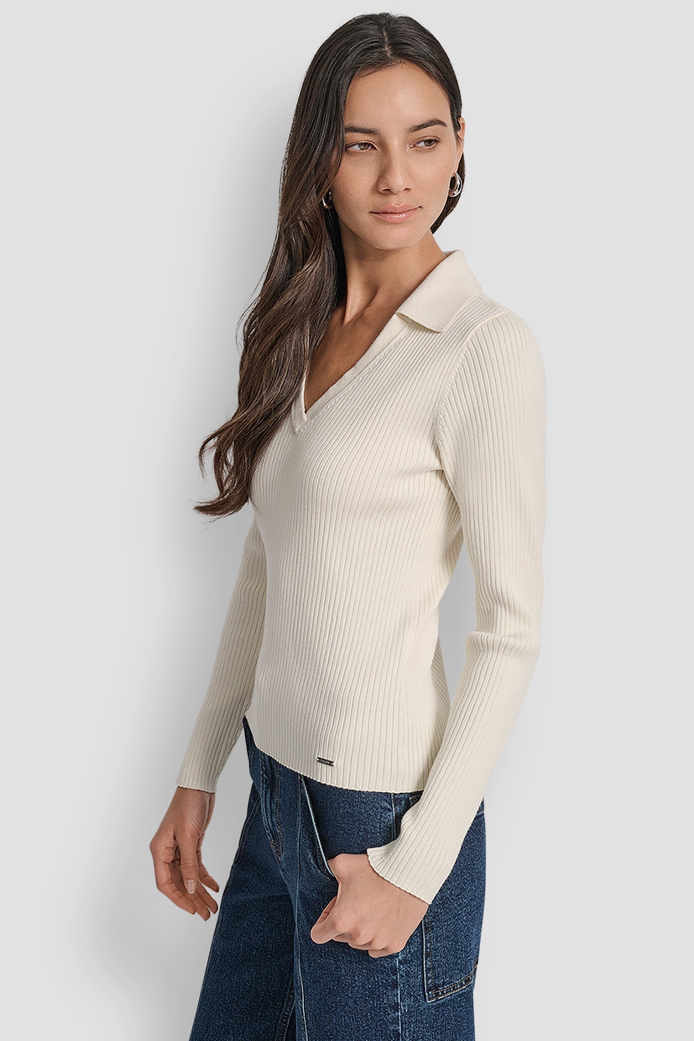 LONG SLEEVE RIB POLO SWEATER