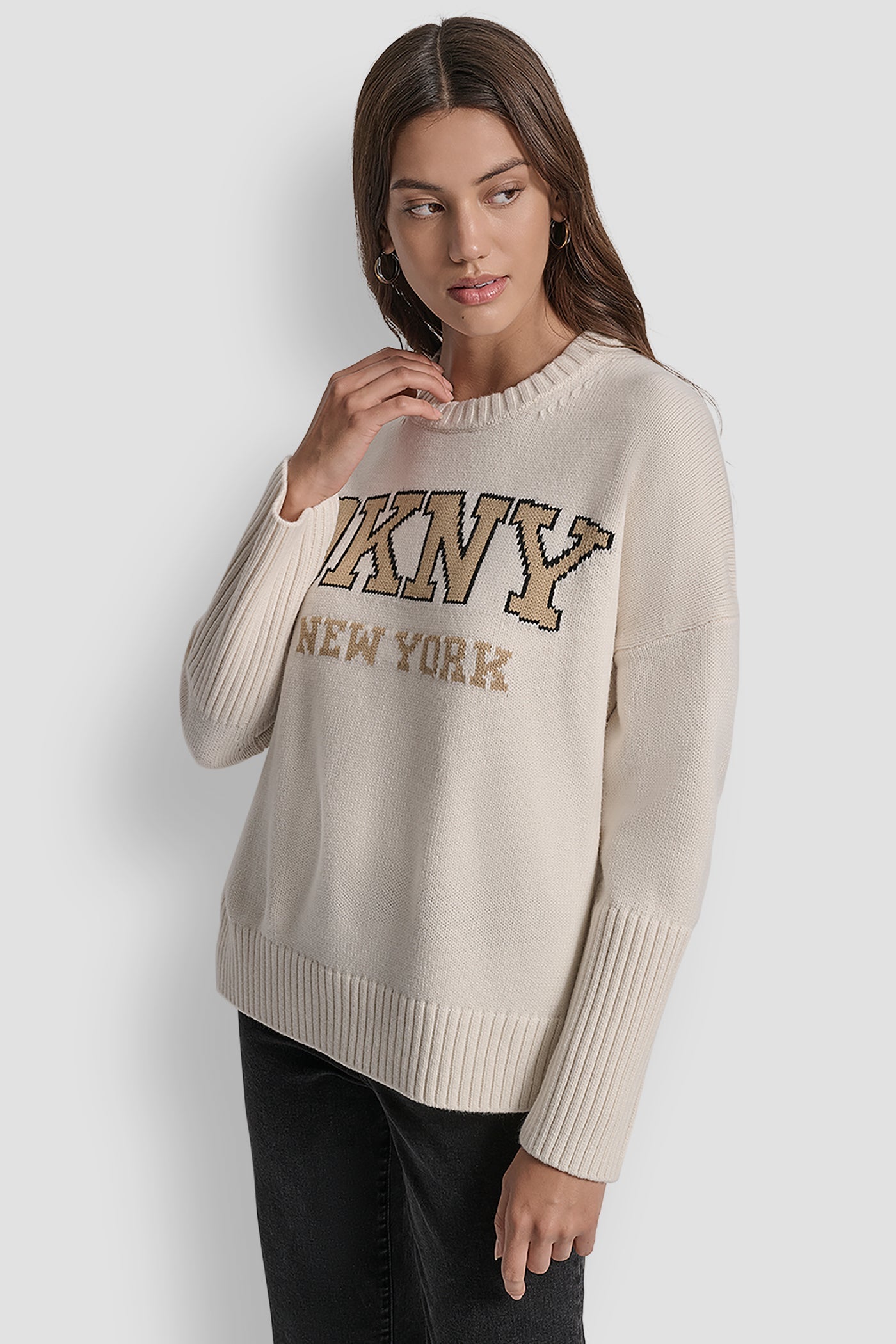 VARSITY LOGO INTARSIA CREW NECK RELAXED SWEATER