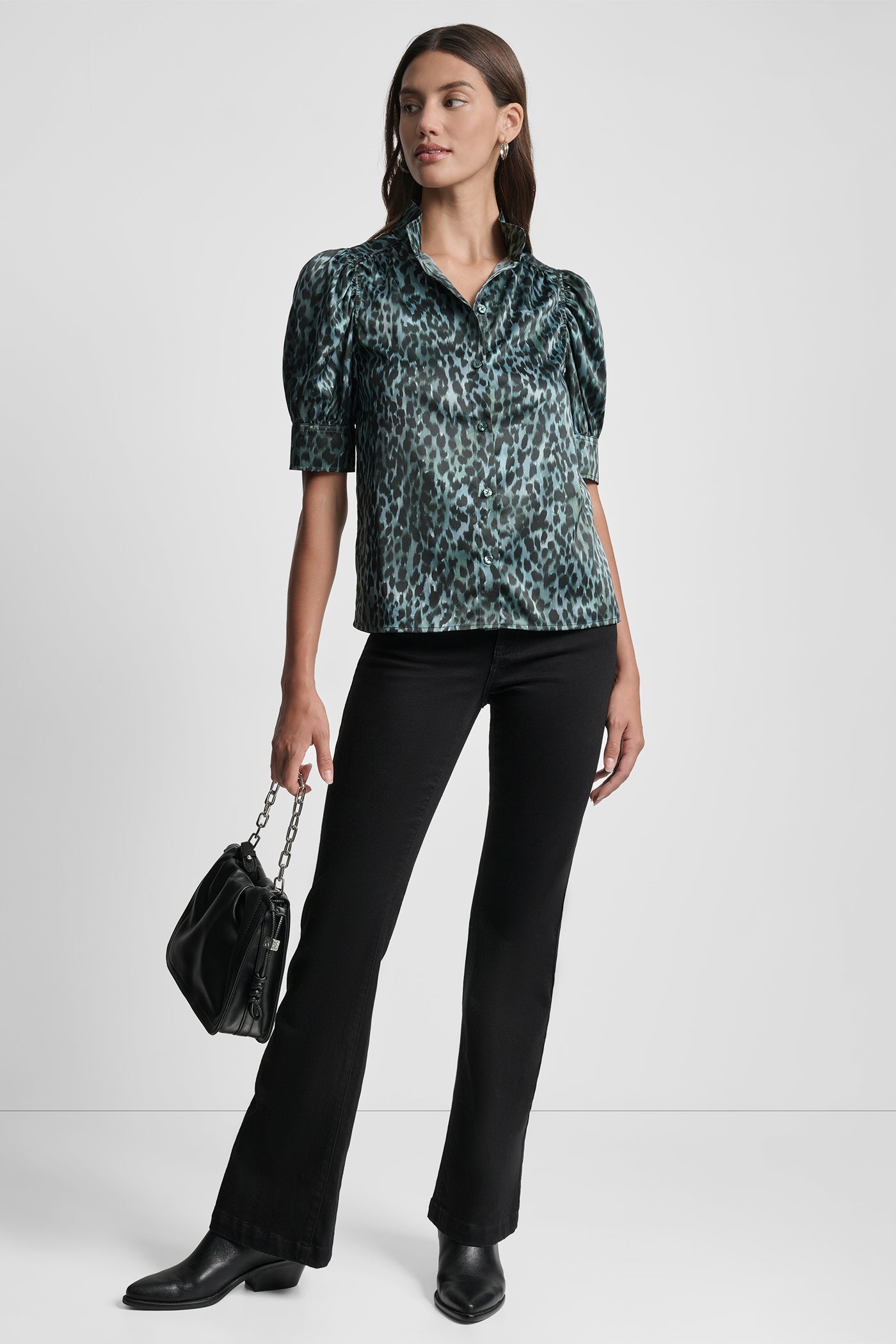 PUFF SLEEVE COLLARLESS SHIRT