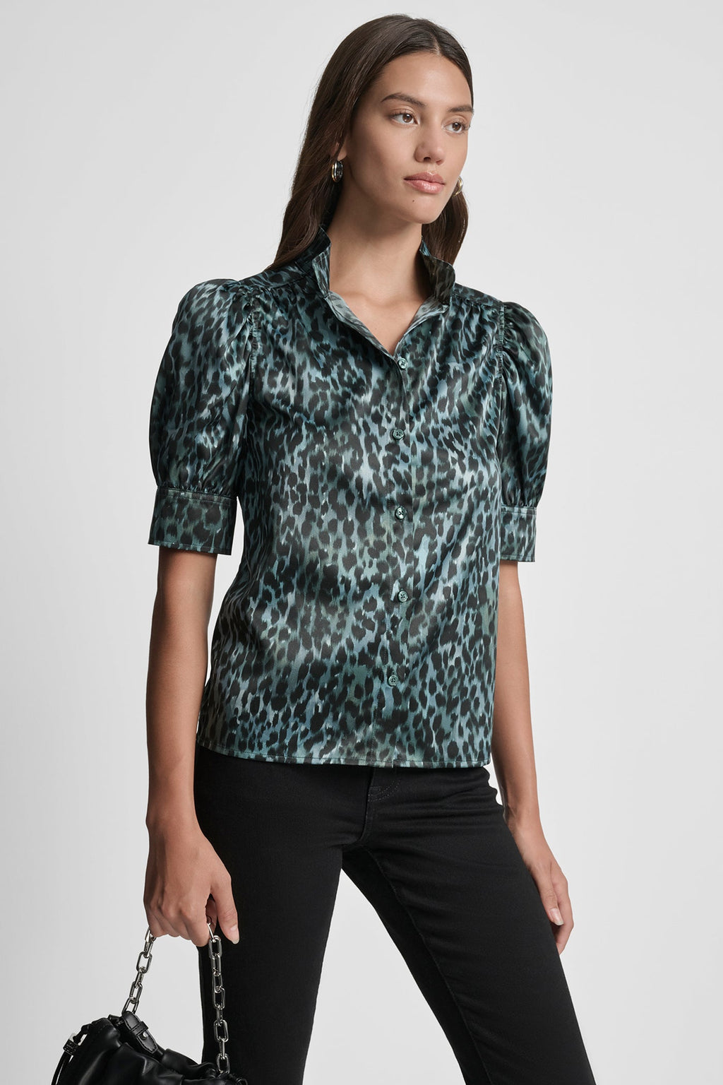 PUFF SLEEVE COLLARLESS SHIRT