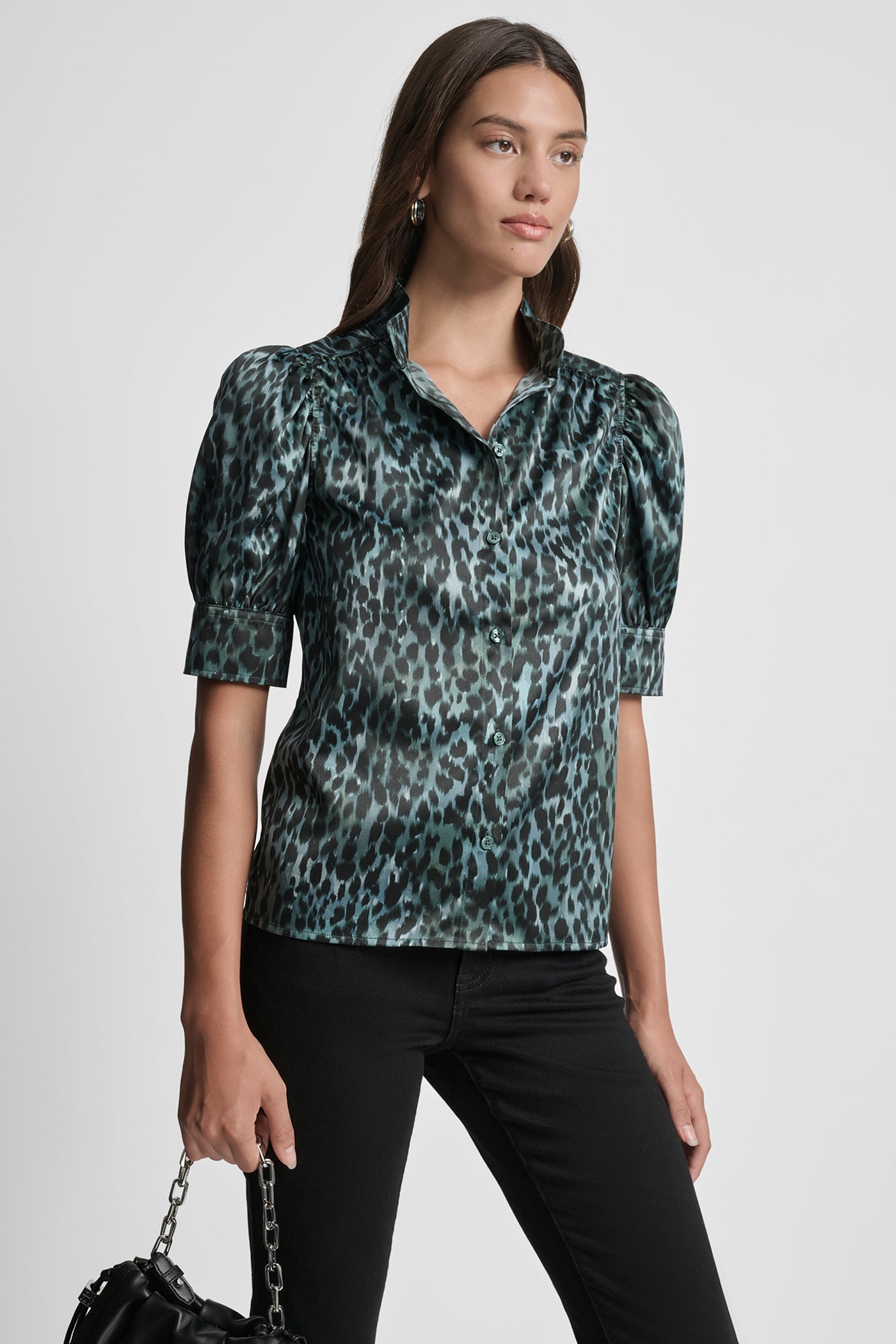 PUFF SLEEVE COLLARLESS SHIRT
