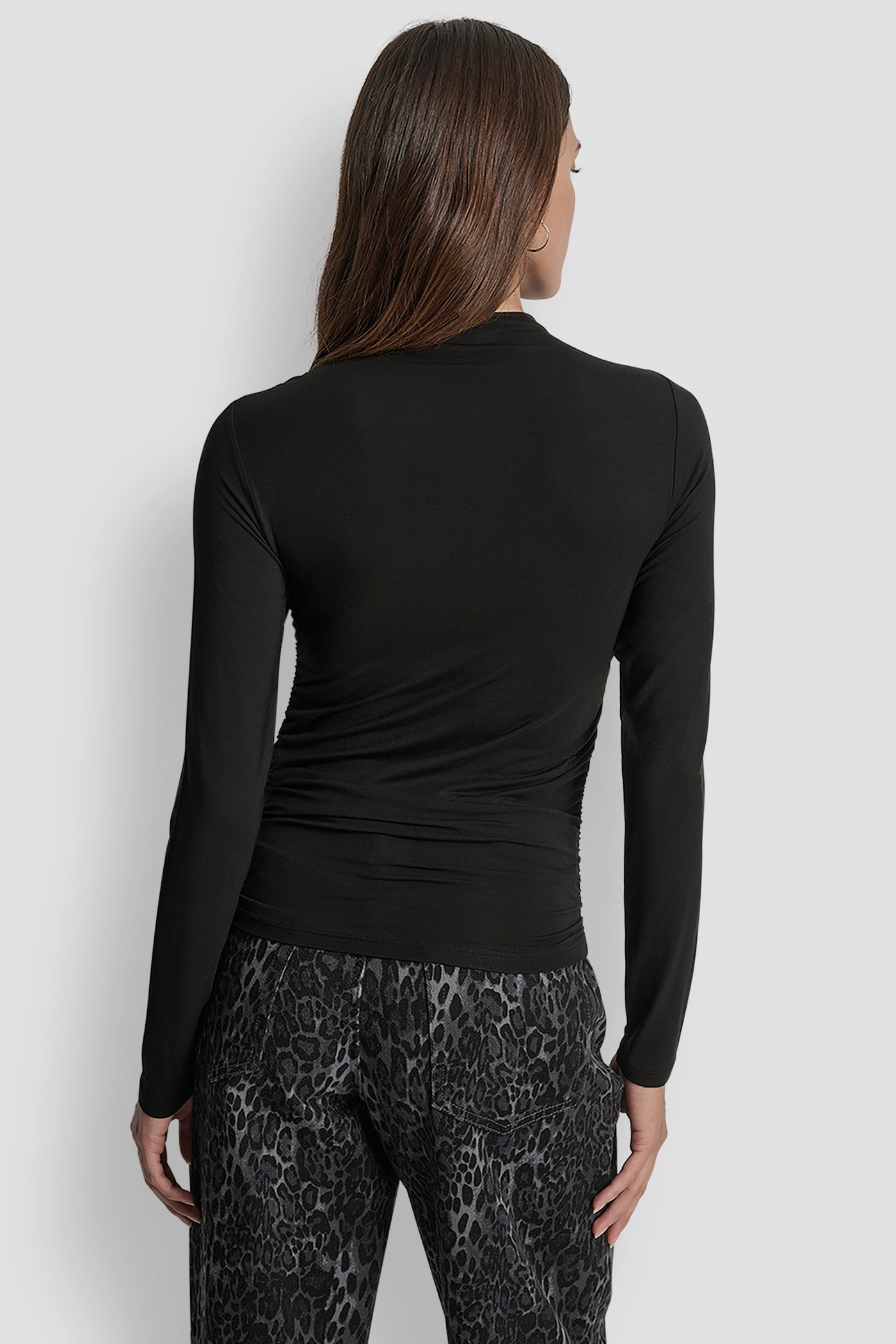 SIDE RUCHED HIGH NECK LONG SLEEVE TOP WITH RHINESTONE
