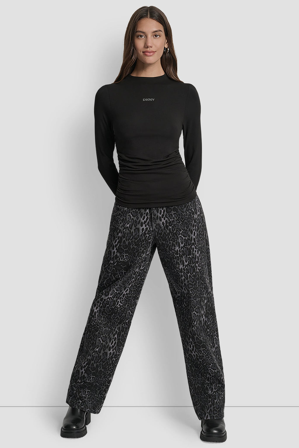 SIDE RUCHED HIGH NECK LONG SLEEVE TOP WITH RHINESTONE